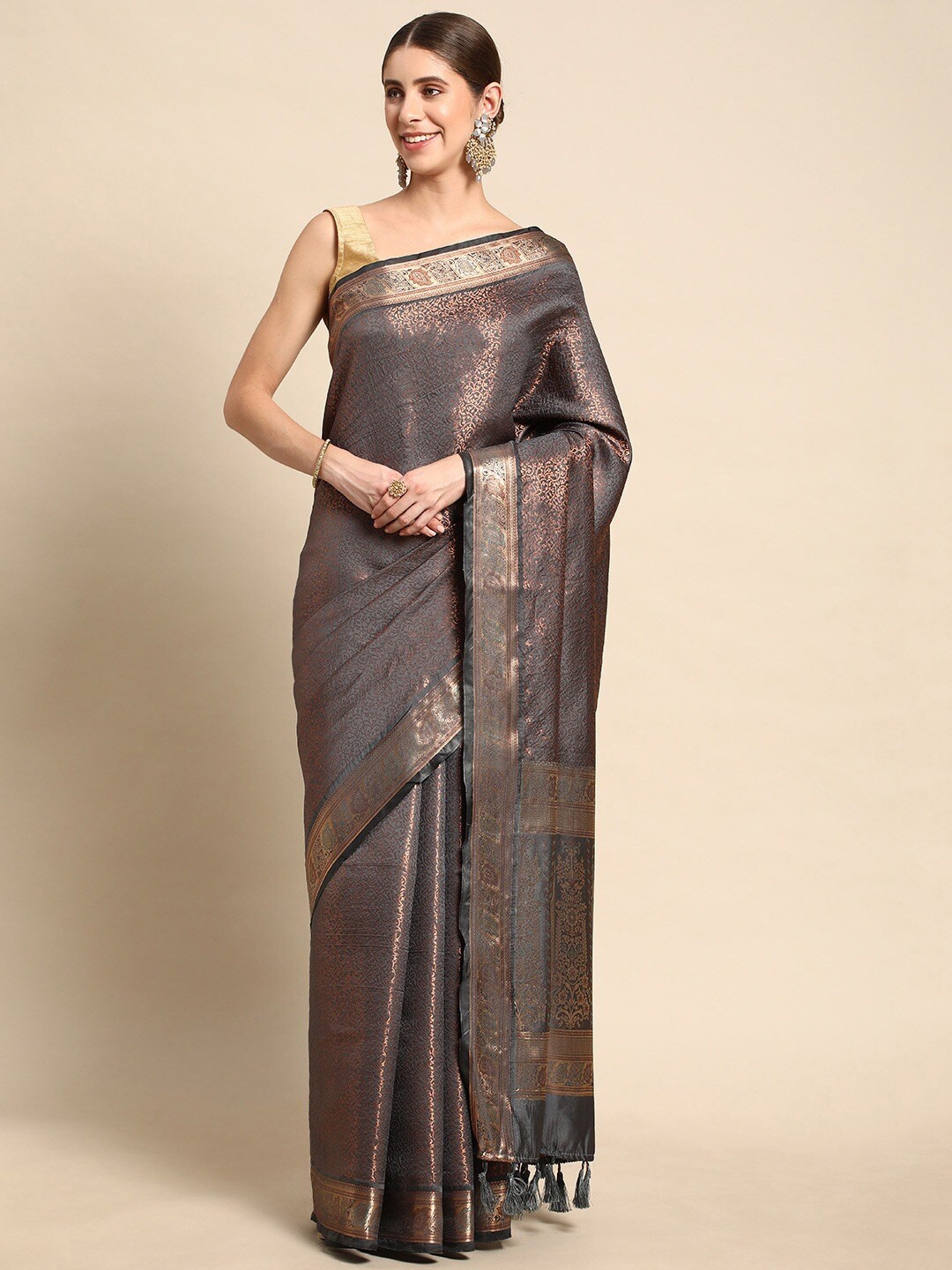 Mitera Grey & Gold-Toned Woven Design Zari Silk Blend Banarasi Saree