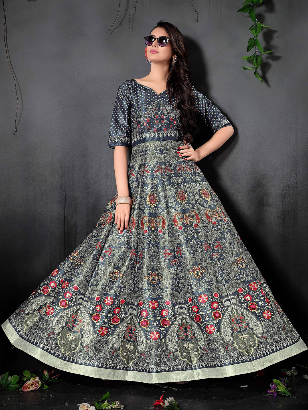 Zeel Clothing Ethnic Motifs Printed Panelled Maxi Gown, Navy blue 
Zeel Clothing Ethnic Motifs Printed Panelled Maxi Gown, Navy blue