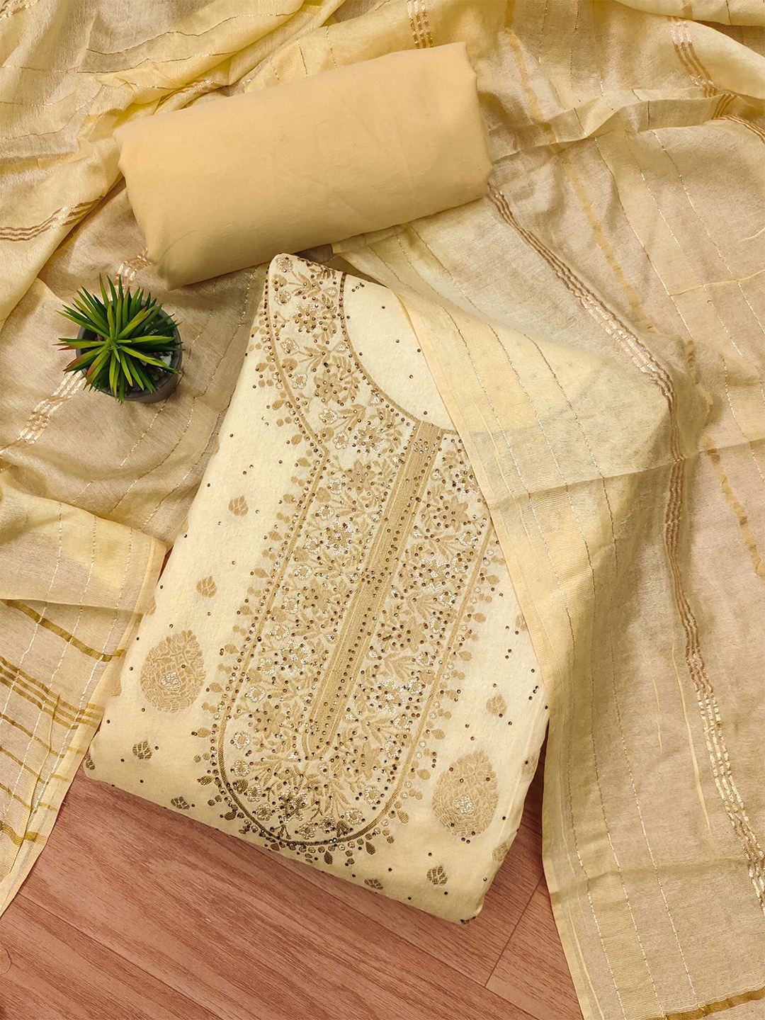 KALINI Embroidered Unstitched Dress Material, Yellow