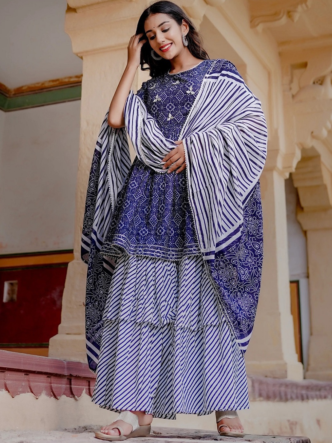 Hatheli Bandhani Printed Gotta Patti Pure Cotton Kurta with Sharara & Dupatta, Navy blue
Hatheli Bandhani Printed Gotta Patti Pure Cotton Kurta with Sharara & Dupatta, Navy blue