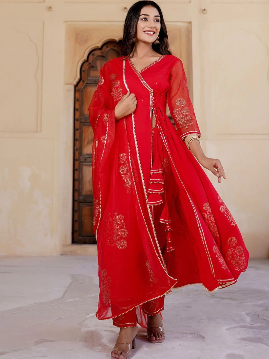 Hatheli Ethnic Motifs Printed Angrakha Gotta Patti Kurta With Trousers & Dupatta, Red
Hatheli Ethnic Motifs Printed Angrakha Gotta Patti Kurta With Trousers & Dupatta, Red