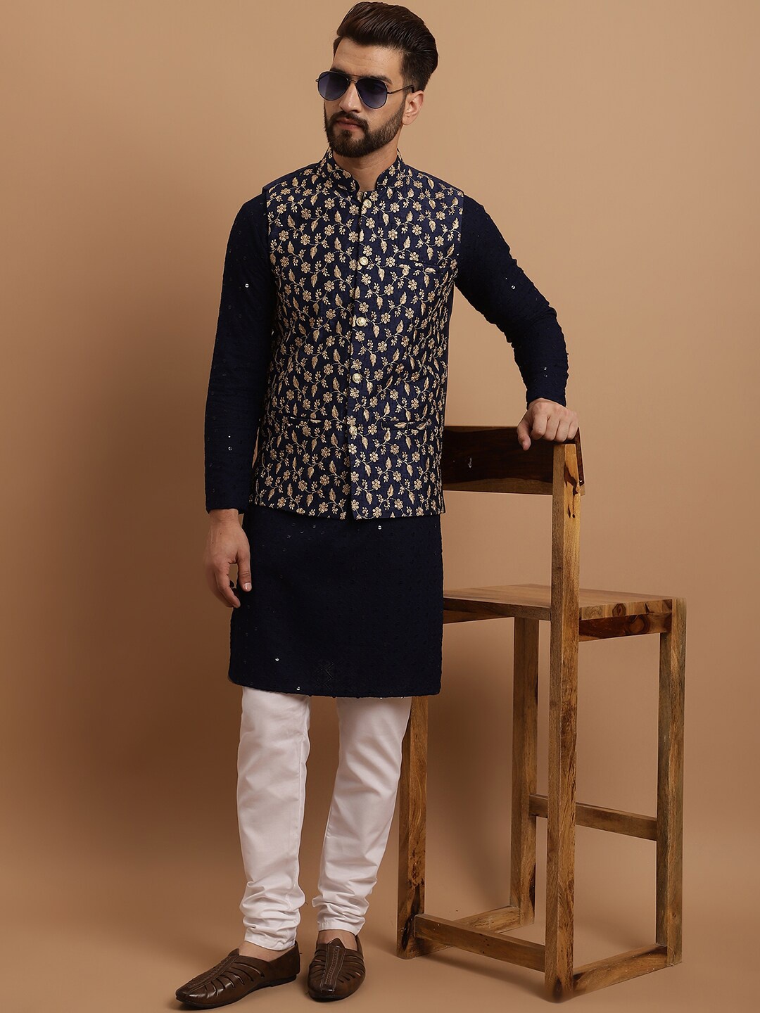SOJANYA Ethnic Embroidered Sequinned Pure Cotton Kurta & Churidar With Nehru Jacket, Navy blue
SOJANYA Ethnic Embroidered Sequinned Pure Cotton Kurta & Churidar With Nehru Jacket, Navy blue