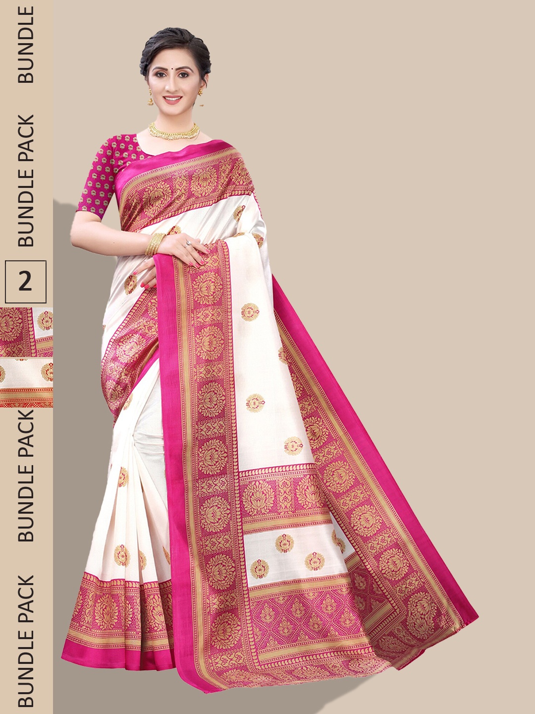 Poshyaa Pack Of 2 Ethnic Motifs Printed Mysore Silk Sarees, Pink
