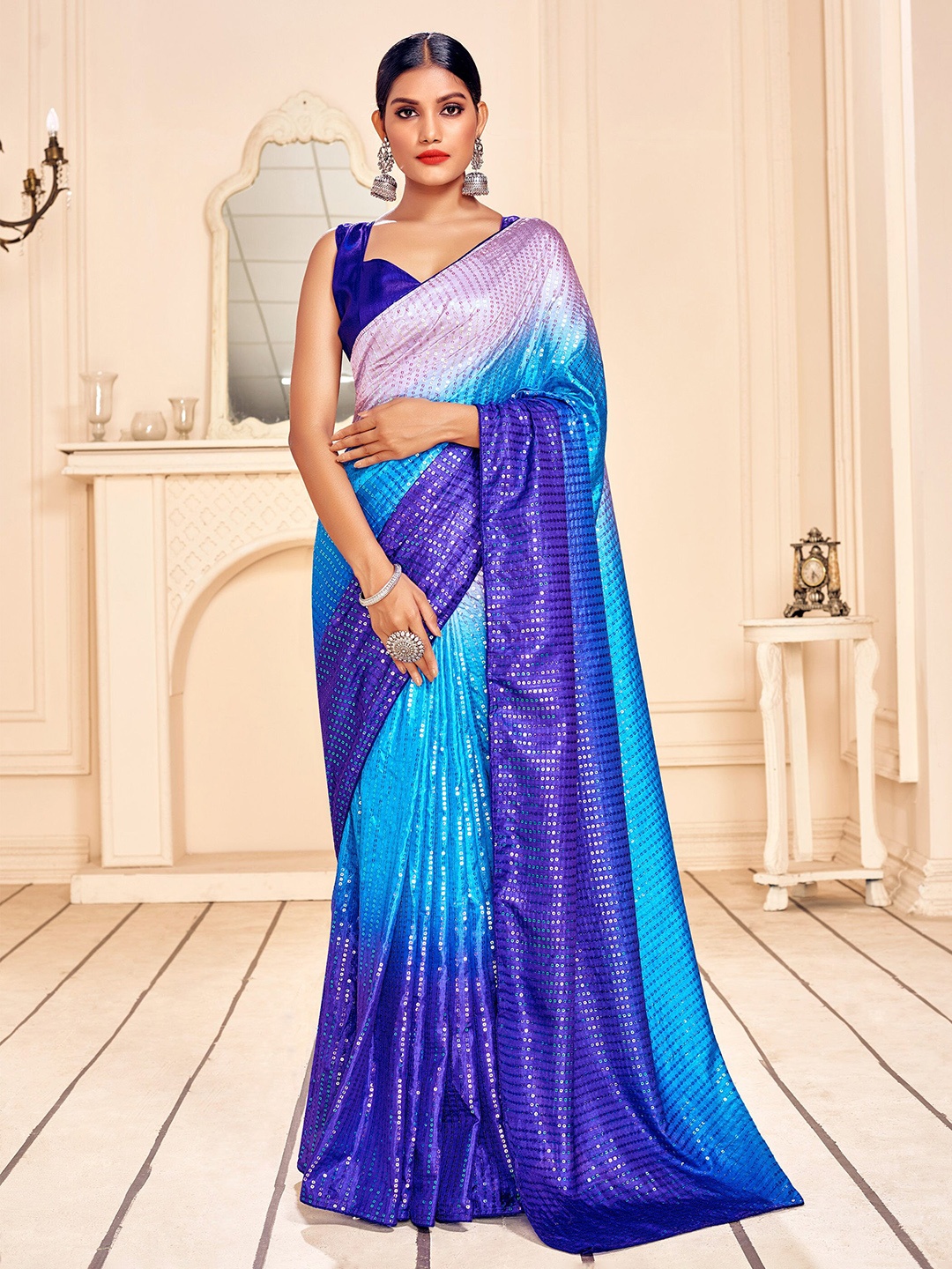 Mitera Blue Sequin Embellished Saree
