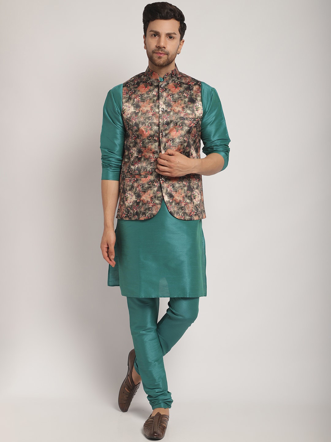 Kaifoo Band Collar Floral Printed Straight Kurta with Churidar & Nehru Jacket, Sea green
Kaifoo Band Collar Floral Printed Straight Kurta with Churidar & Nehru Jacket, Sea green