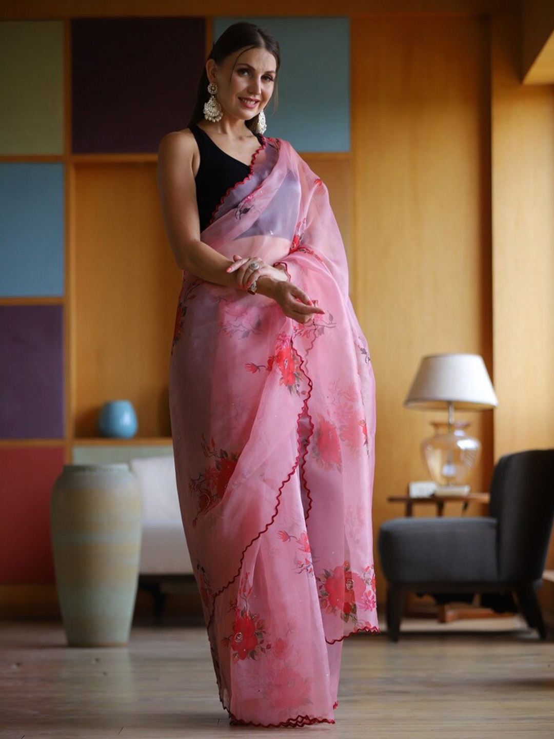 Atulyam Tex World Floral Printed & Embroidered Organza Saree, Peach