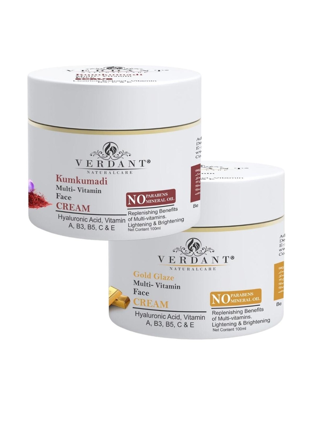 Verdant Natural Care Set of Kumkumadi & Gold Glaze Multi-Vitamin Face Cream - 100 ml each, White
Verdant Natural Care Set of Kumkumadi & Gold Glaze Multi-Vitamin Face Cream - 100 ml each, White
