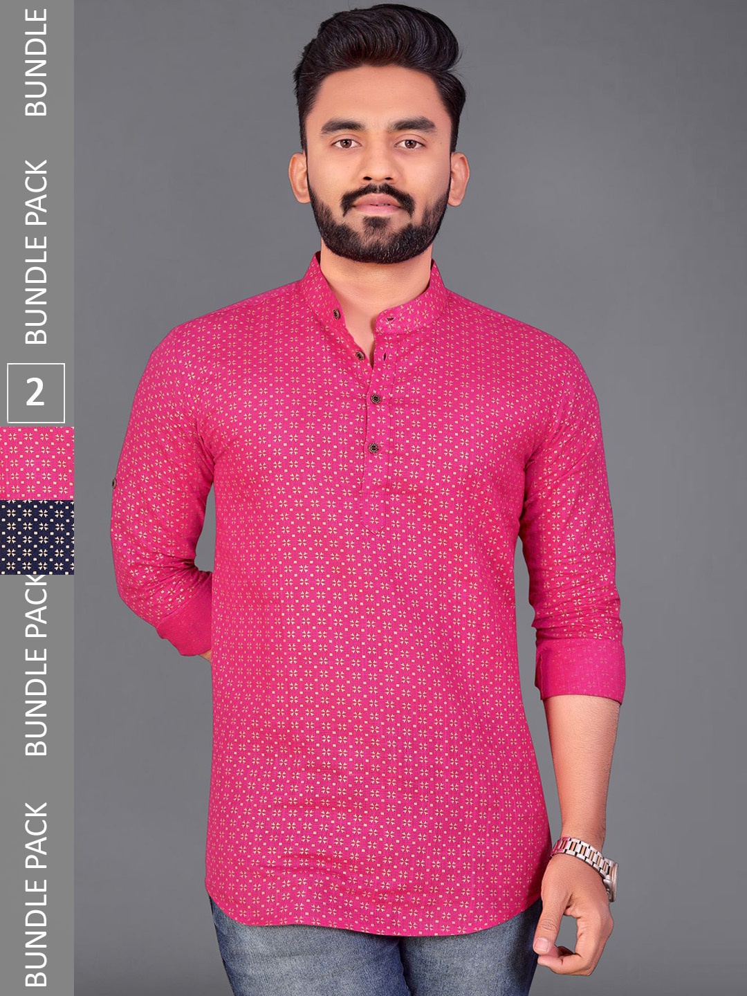 ADWYN PETER Pack Of 2 Geometric Printed Mandarin Collar Cotton Short Kurta, Pink