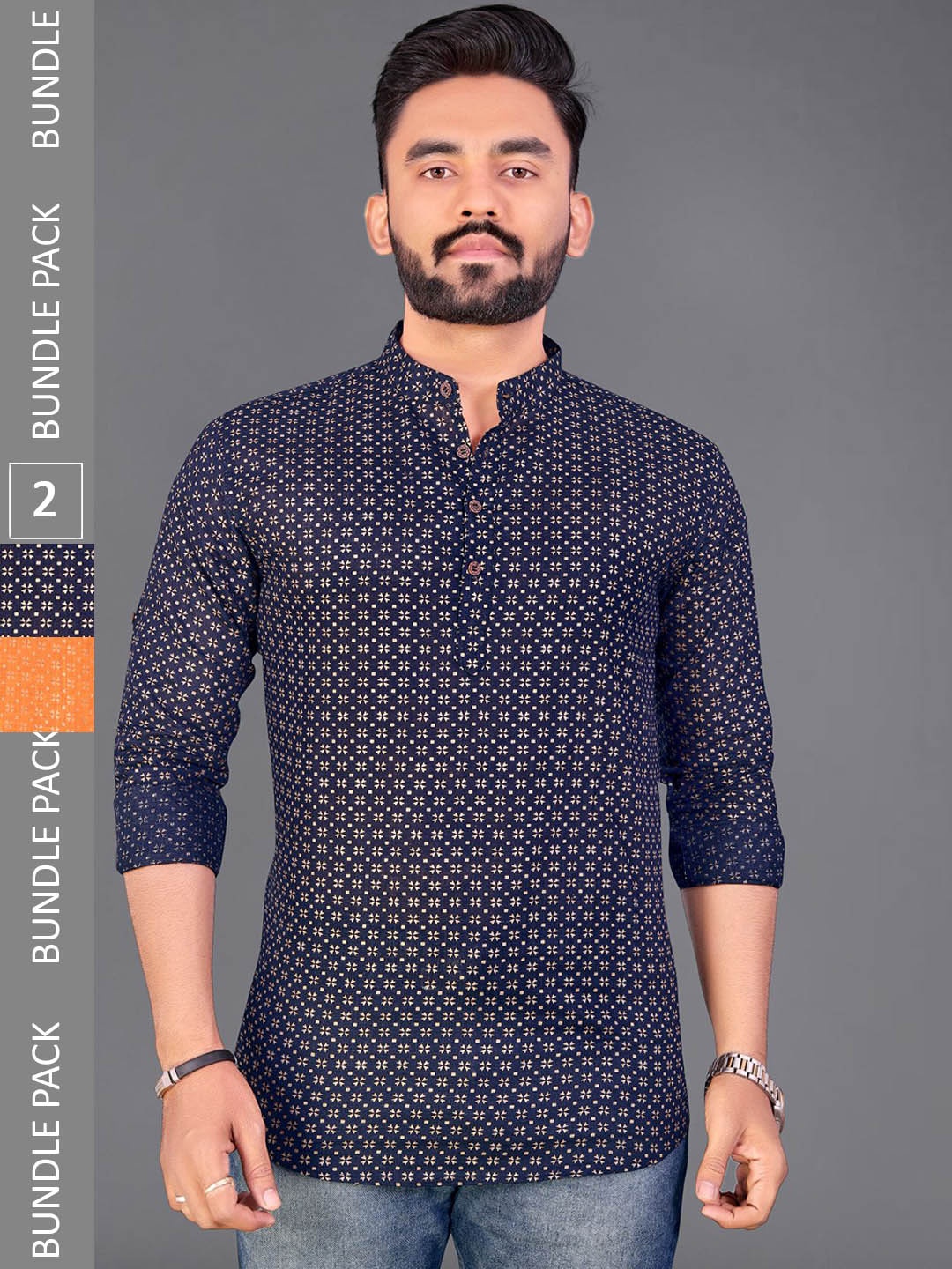 ADWYN PETER Pack of 2 Manadarin Collar Ethnic Motifs Printed Pure Cotton Short Kurtas, Navy blue
ADWYN PETER Pack of 2 Manadarin Collar Ethnic Motifs Printed Pure Cotton Short Kurtas, Navy blue