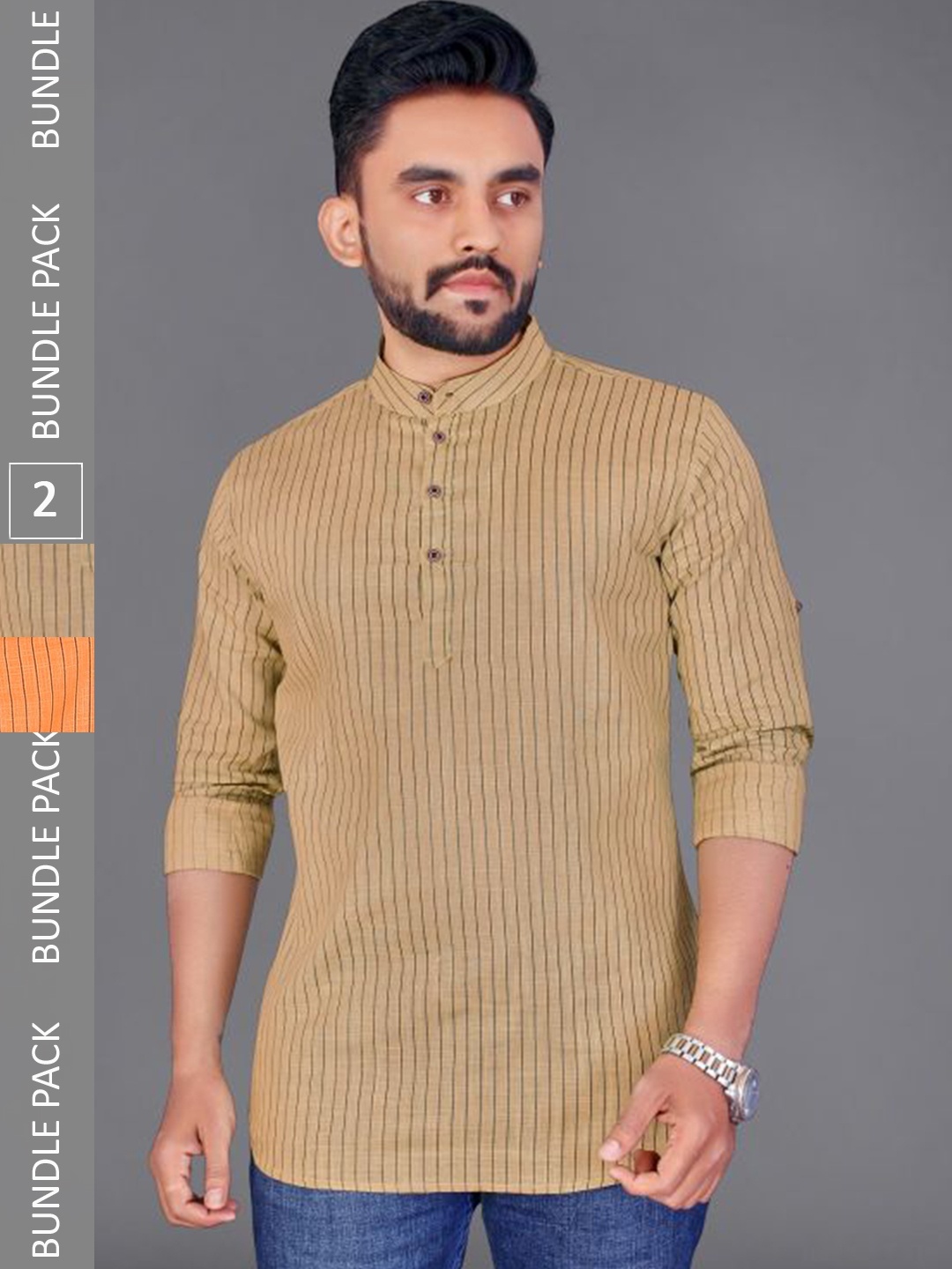 ADWYN PETER Pack Of 2 Striped Cotton Kurta, Beige