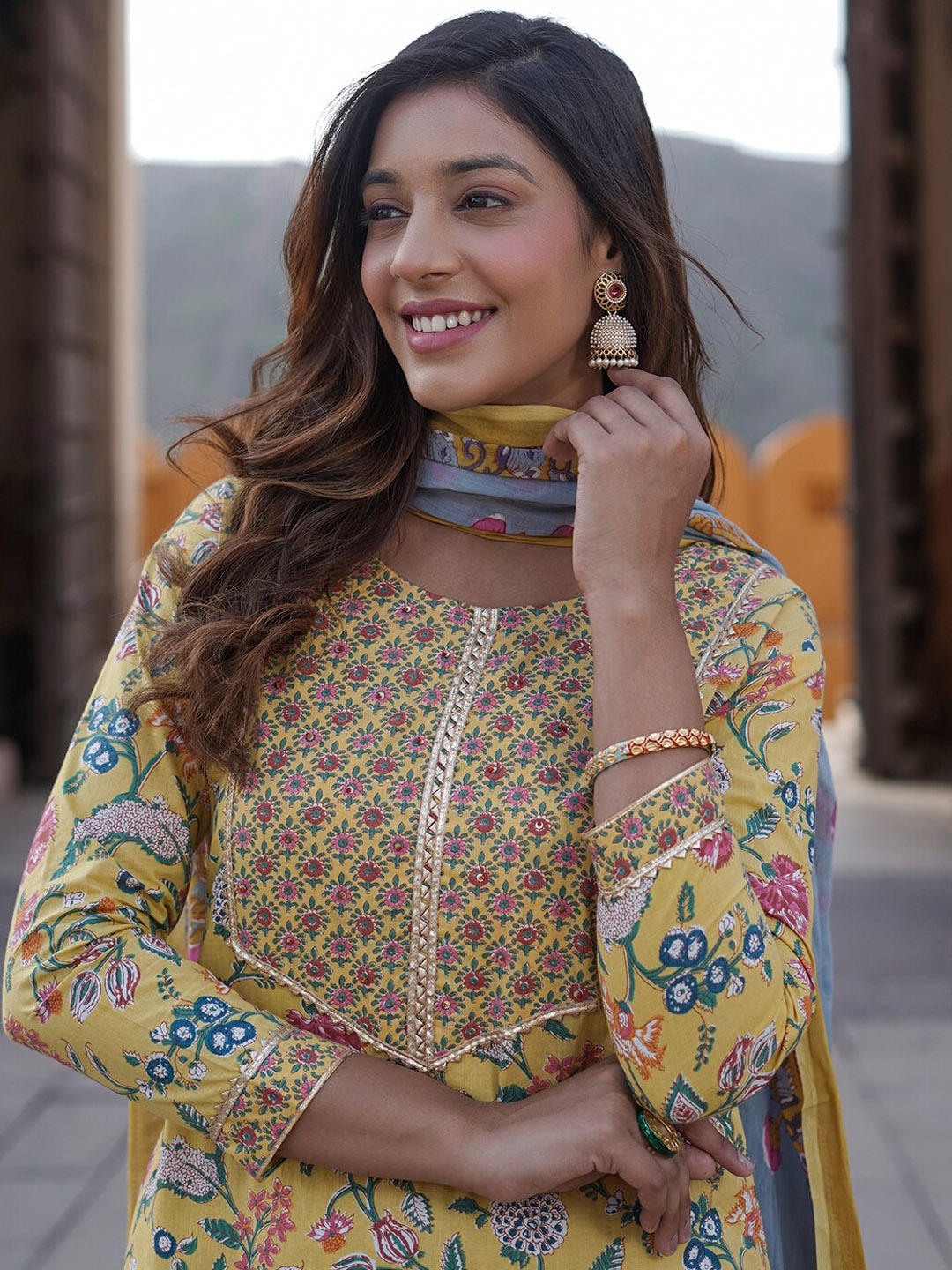 KALINI Ethnic Motifs Printed Gotta Patti Pure Cotton Kurta With Trousers & Dupatta, Yellow
KALINI Ethnic Motifs Printed Gotta Patti Pure Cotton Kurta With Trousers & Dupatta, Yellow