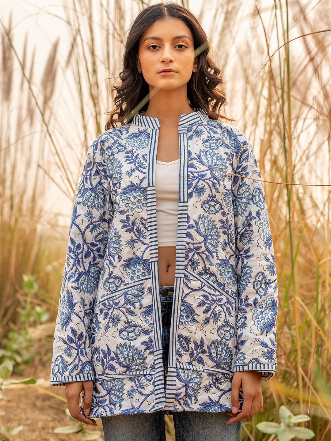Zanaash Floral Printed Open Front Jacket Longline Jacket, White