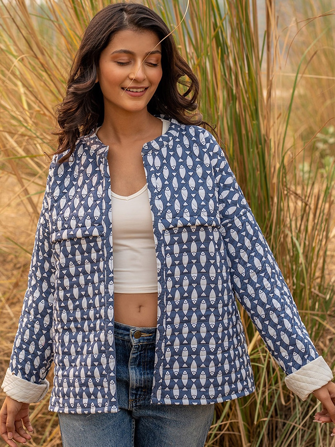 Zanaash Conversational Woven Design Organic Cotton Open Front Jacket, Blue