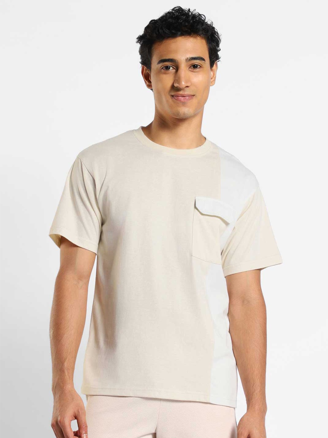 NOBERO Round Neck Cotton T-Shirt, Beige