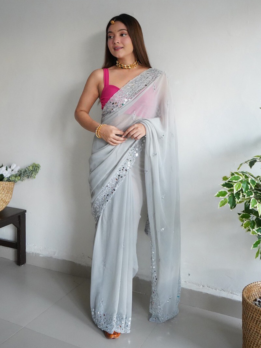 Atulyam Tex World Embellished Mirror Work Pure Georgette Saree, Grey
