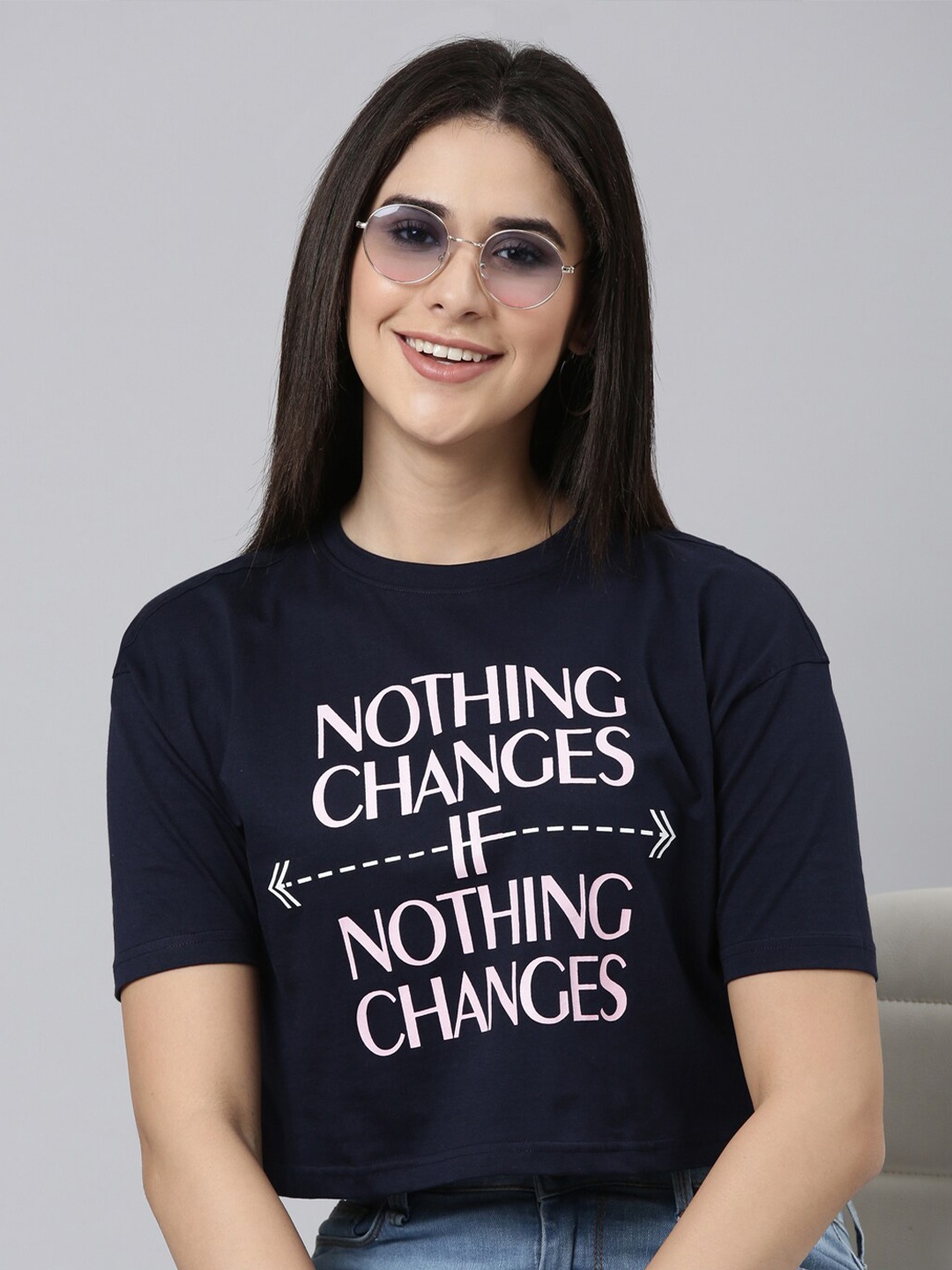 Kryptic Women Pure Cotton Printed Round Neck Drop Shoulder Oversized Crop Tshirt, Navy blue
Kryptic Women Pure Cotton Printed Round Neck Drop Shoulder Oversized Crop Tshirt, Navy blue