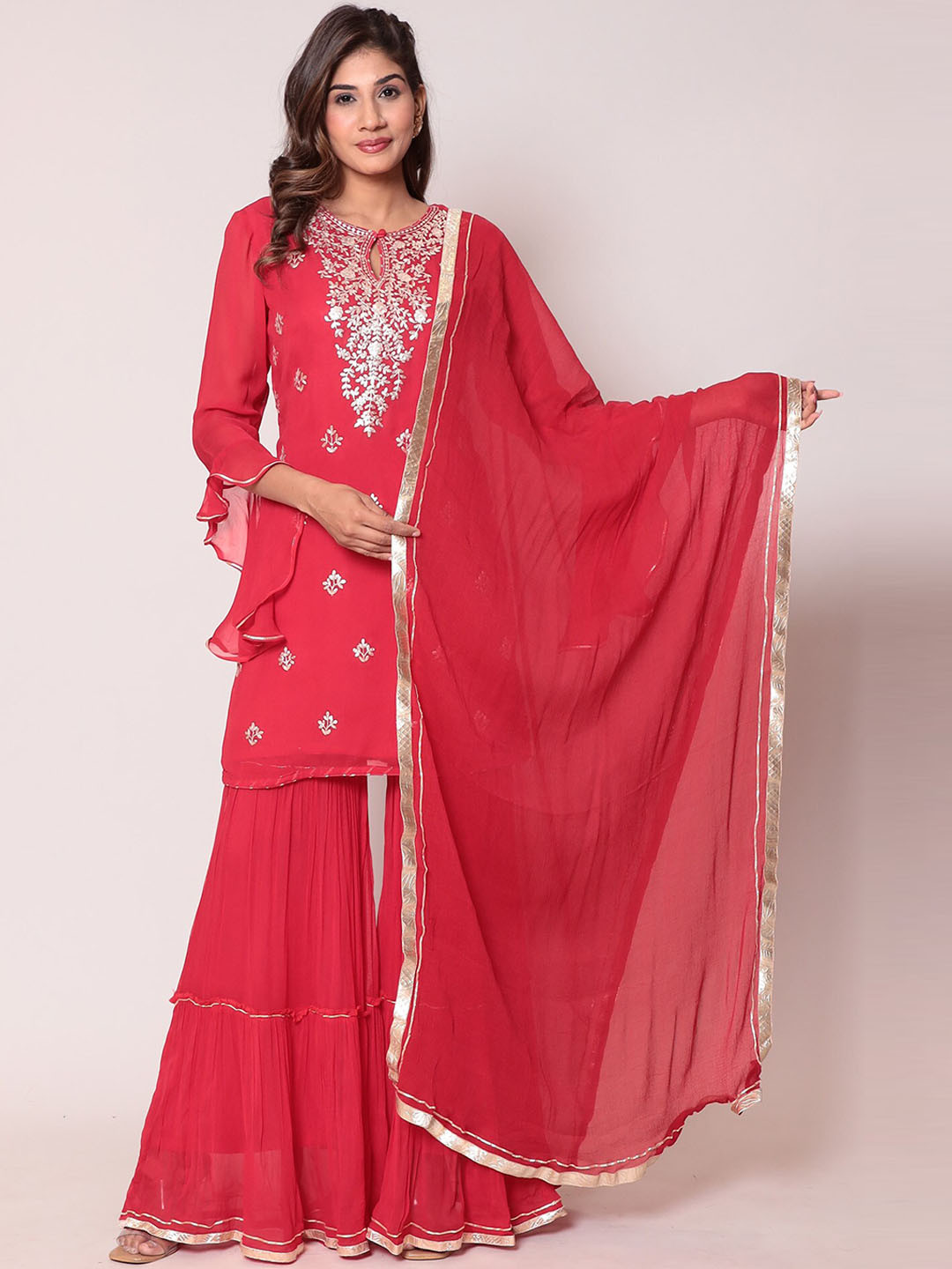ZARI Floral Embroidered Kurta With Sharara & Dupatta, Red
ZARI Floral Embroidered Kurta With Sharara & Dupatta, Red