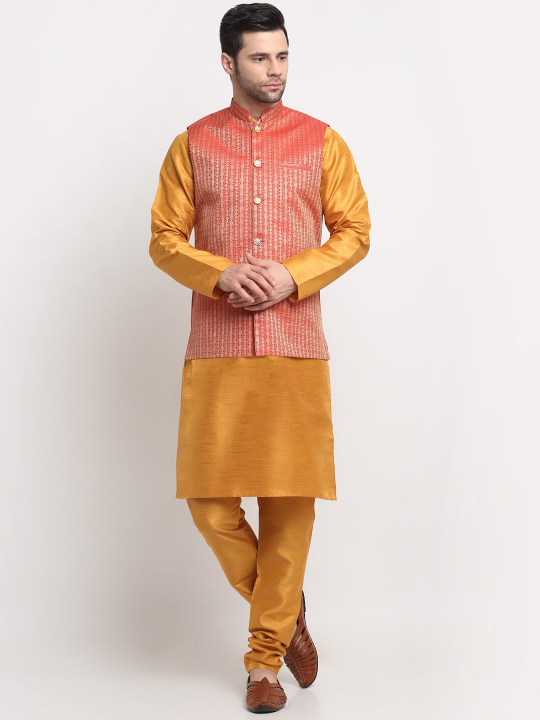 KRAFT INDIA Regular Pure Silk Kurta & Churidar With Woven Design Nehru Jacket, Mustard
KRAFT INDIA Regular Pure Silk Kurta & Churidar With Woven Design Nehru Jacket, Mustard
