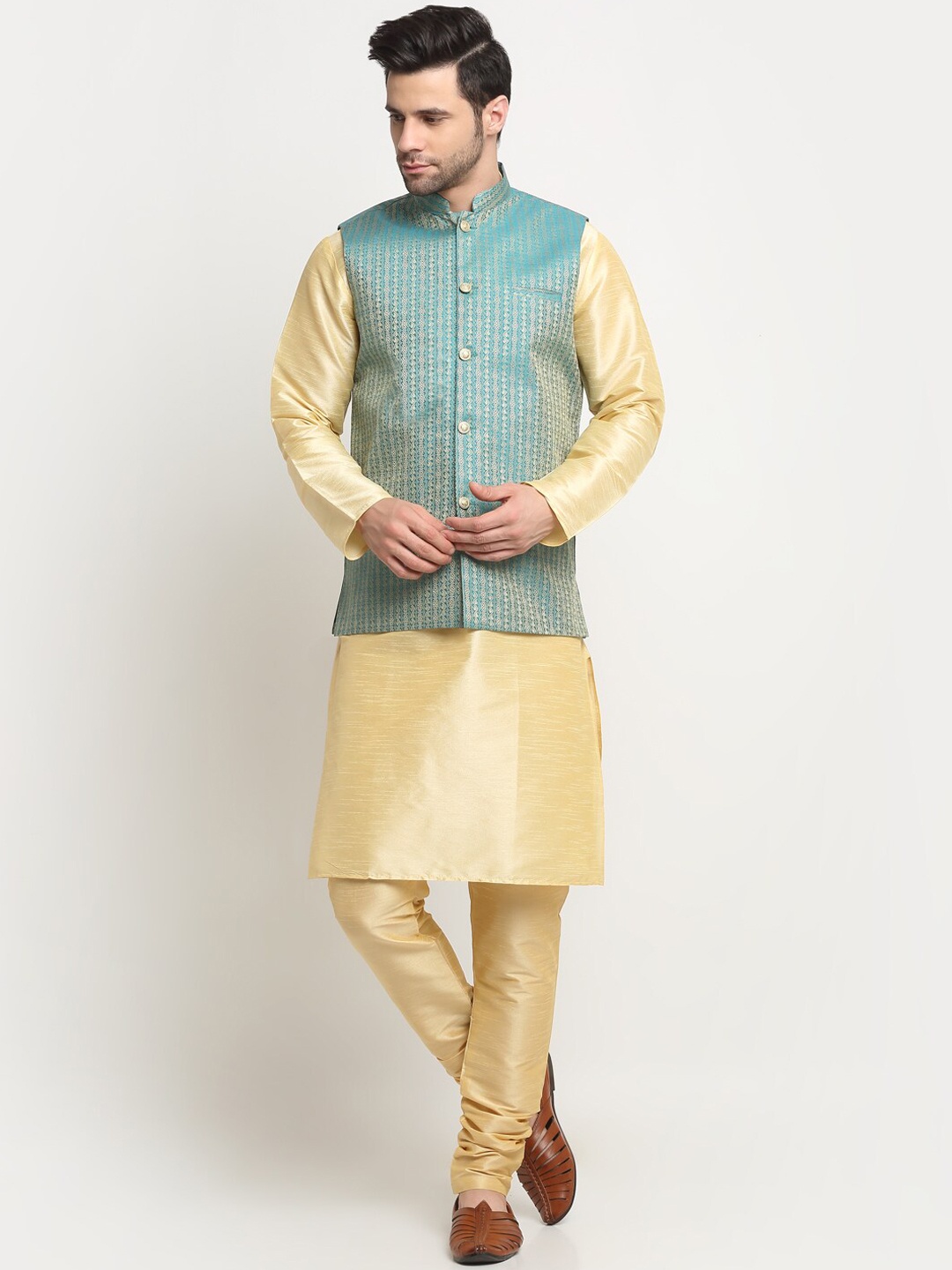 KRAFT INDIA Regular Pure Silk Kurta & Churidar With Woven Design Nehru Jacket, Beige
KRAFT INDIA Regular Pure Silk Kurta & Churidar With Woven Design Nehru Jacket, Beige
