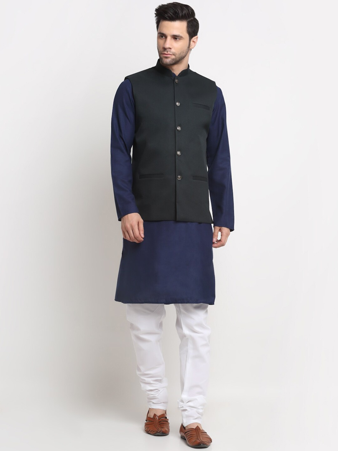 KRAFT INDIA Mandarin Collar Pure Cotton Kurta With Churidar & Nehru Jacket, Navy blue
KRAFT INDIA Mandarin Collar Pure Cotton Kurta With Churidar & Nehru Jacket, Navy blue