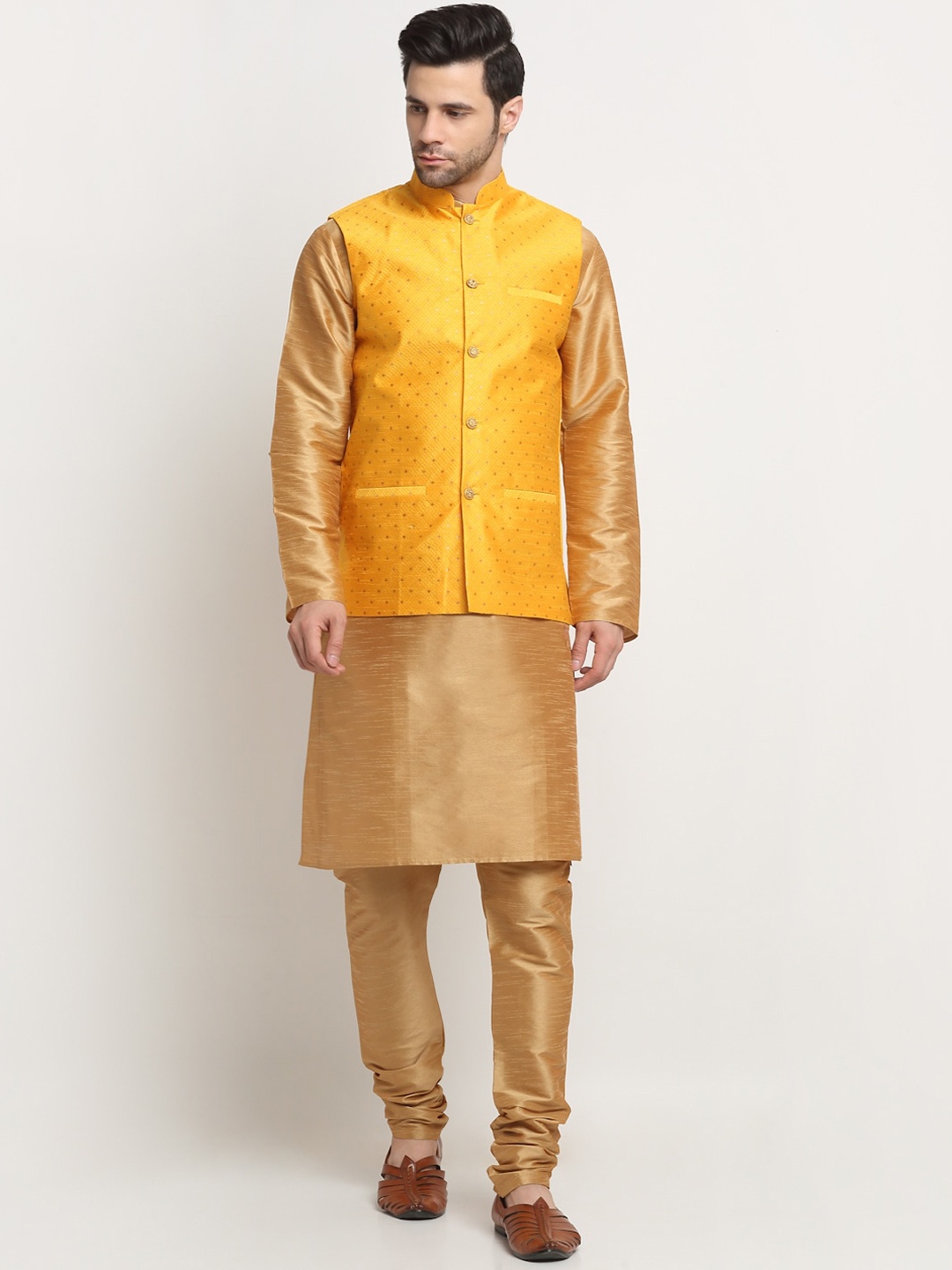 KRAFT INDIA Men Regular Pure Silk Kurta & Churidar With Nehru Jacket Set, Gold
KRAFT INDIA Men Regular Pure Silk Kurta & Churidar With Nehru Jacket Set, Gold