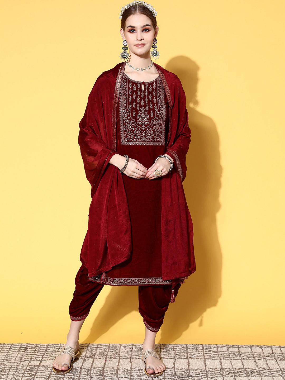 Libas Women Maroon Floral Yoke Design Regular Velvet Kurta With Dhoti Pants & Dupatta
Libas Women Maroon Floral Yoke Design Regular Velvet Kurta With Dhoti Pants & Dupatta