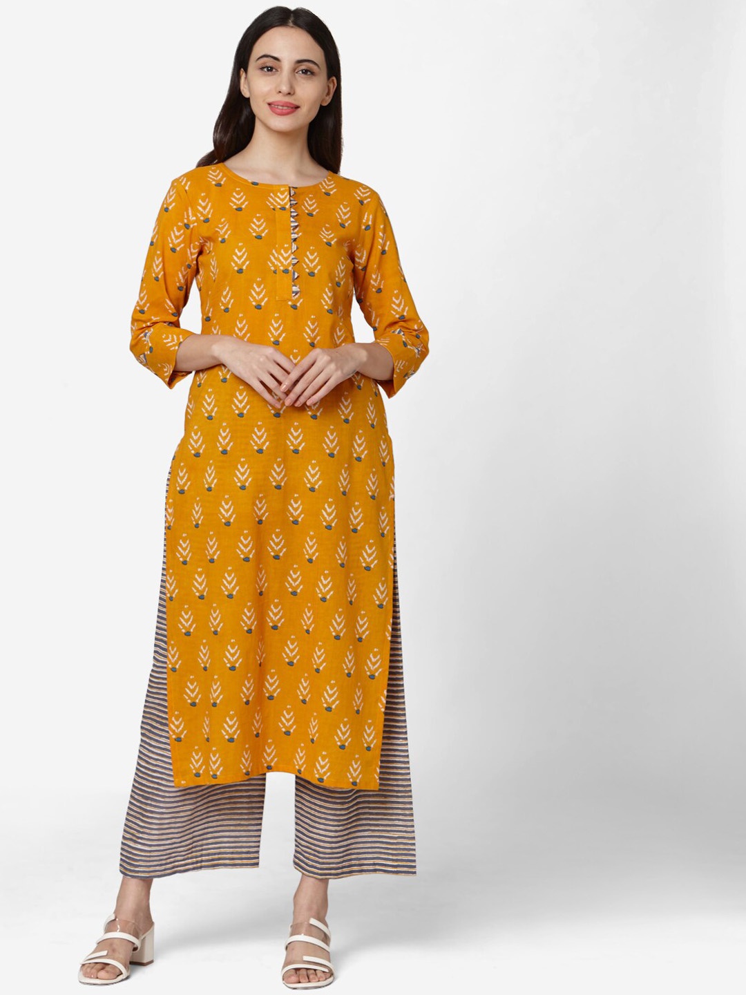 Saanjh Orange And Grey Ethnic Motifs Printed Pure Cotton Straight Kurta With Palazzos
Saanjh Orange And Grey Ethnic Motifs Printed Pure Cotton Straight Kurta With Palazzos