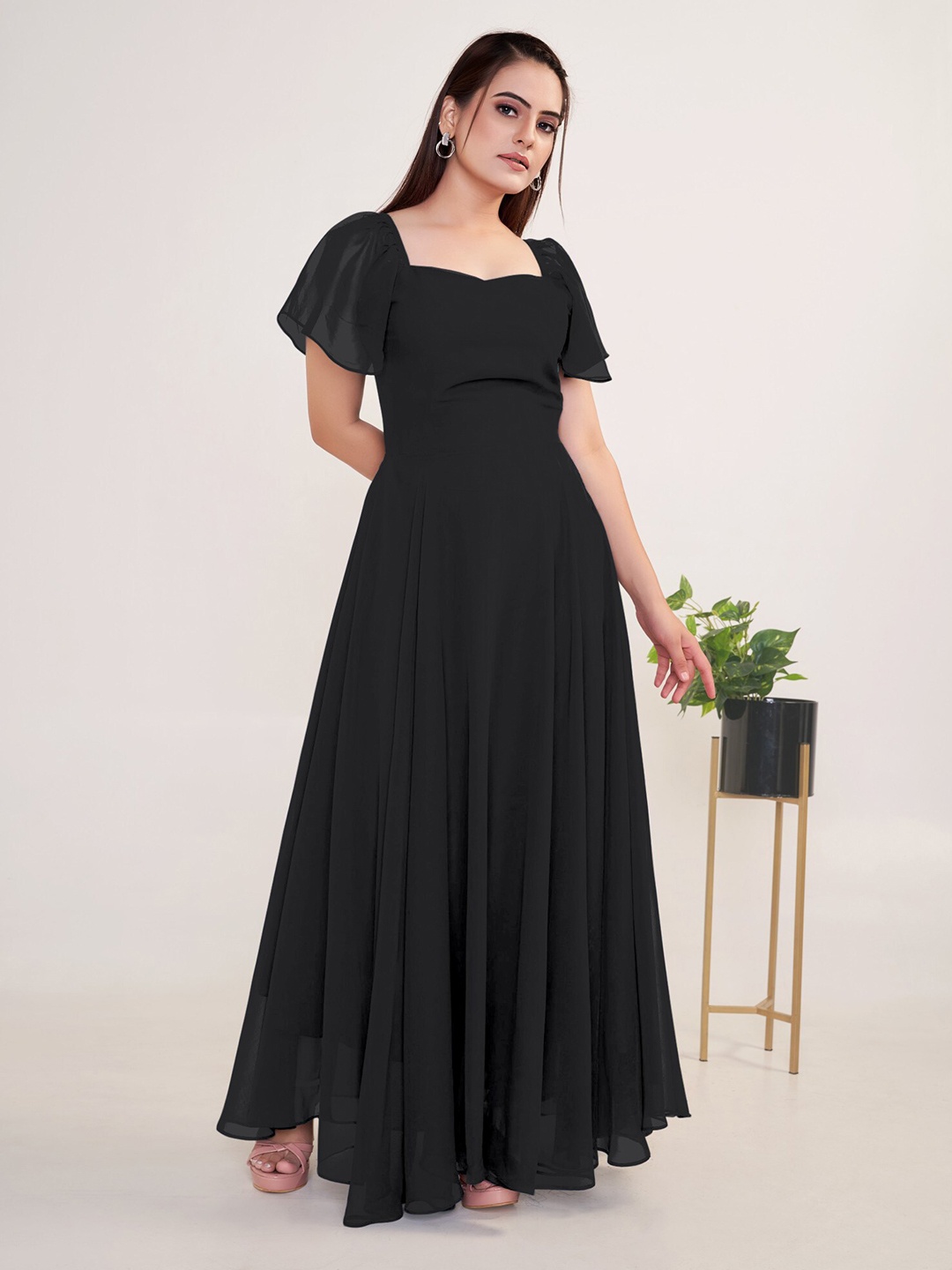 Femvy A-line Maxi Gown, Black