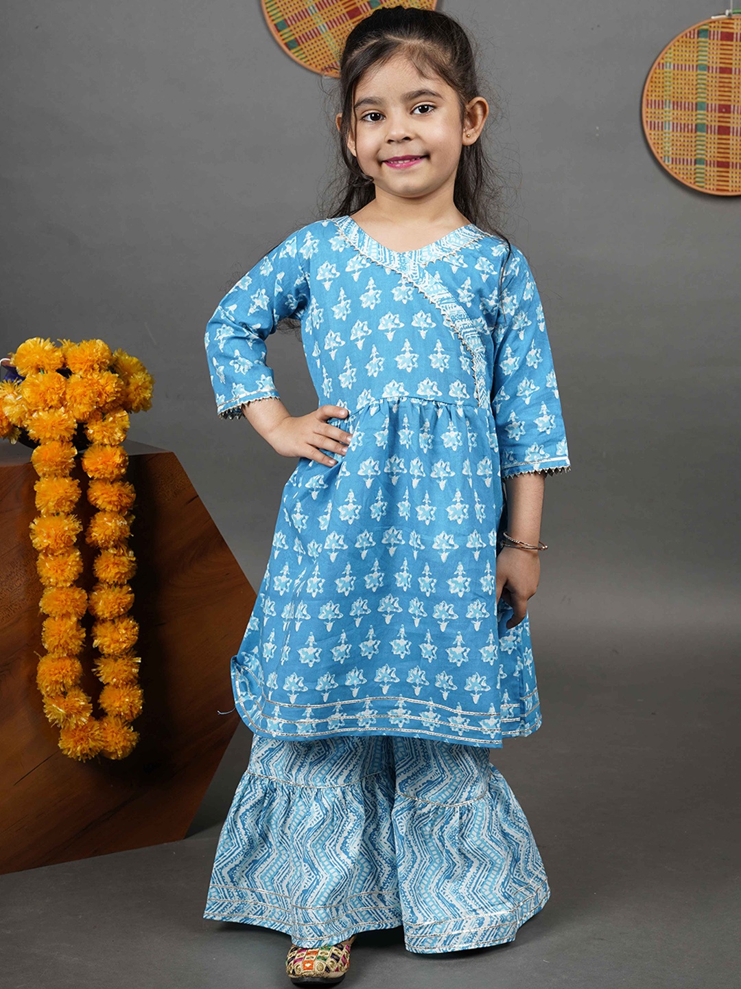 Maaikid Girls Ethnic Motifs Printed Angrakha Gotta Patti Pure Cotton Kurta with Sharara, Blue
Maaikid Girls Ethnic Motifs Printed Angrakha Gotta Patti Pure Cotton Kurta with Sharara, Blue