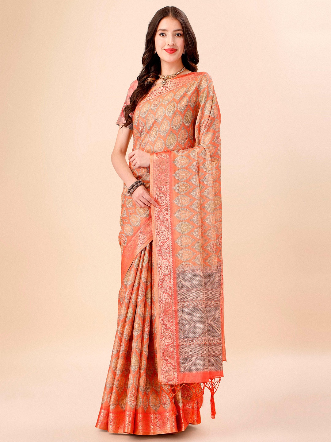 Mitera Orange & Gold-Toned Ethnic Motifs Printed Zari Silk Cotton Kanjeevaram Saree
Mitera Orange & Gold-Toned Ethnic Motifs Printed Zari Silk Cotton Kanjeevaram Saree