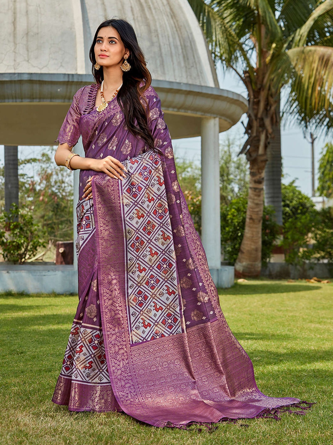 Mitera Purple & Red Ethnic Motis Woven Design & Printed Zari Saree