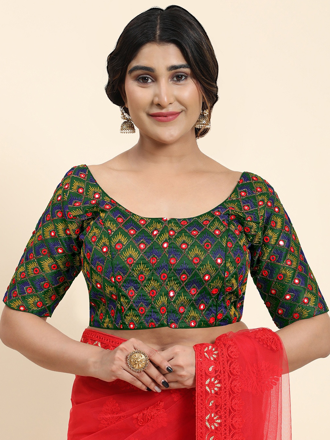 Kasak Mirror Work Embroidered Silk Saree Blouse, Green