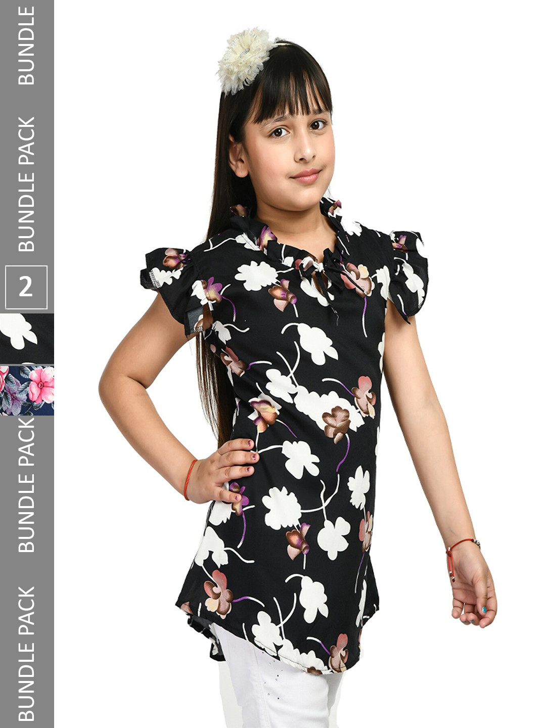 IndiWeaves Girls Pack Of 2 Floral Printed Tie-Up Neck Cap Sleeves Ruffle Longline Top, Black
IndiWeaves Girls Pack Of 2 Floral Printed Tie-Up Neck Cap Sleeves Ruffle Longline Top, Black