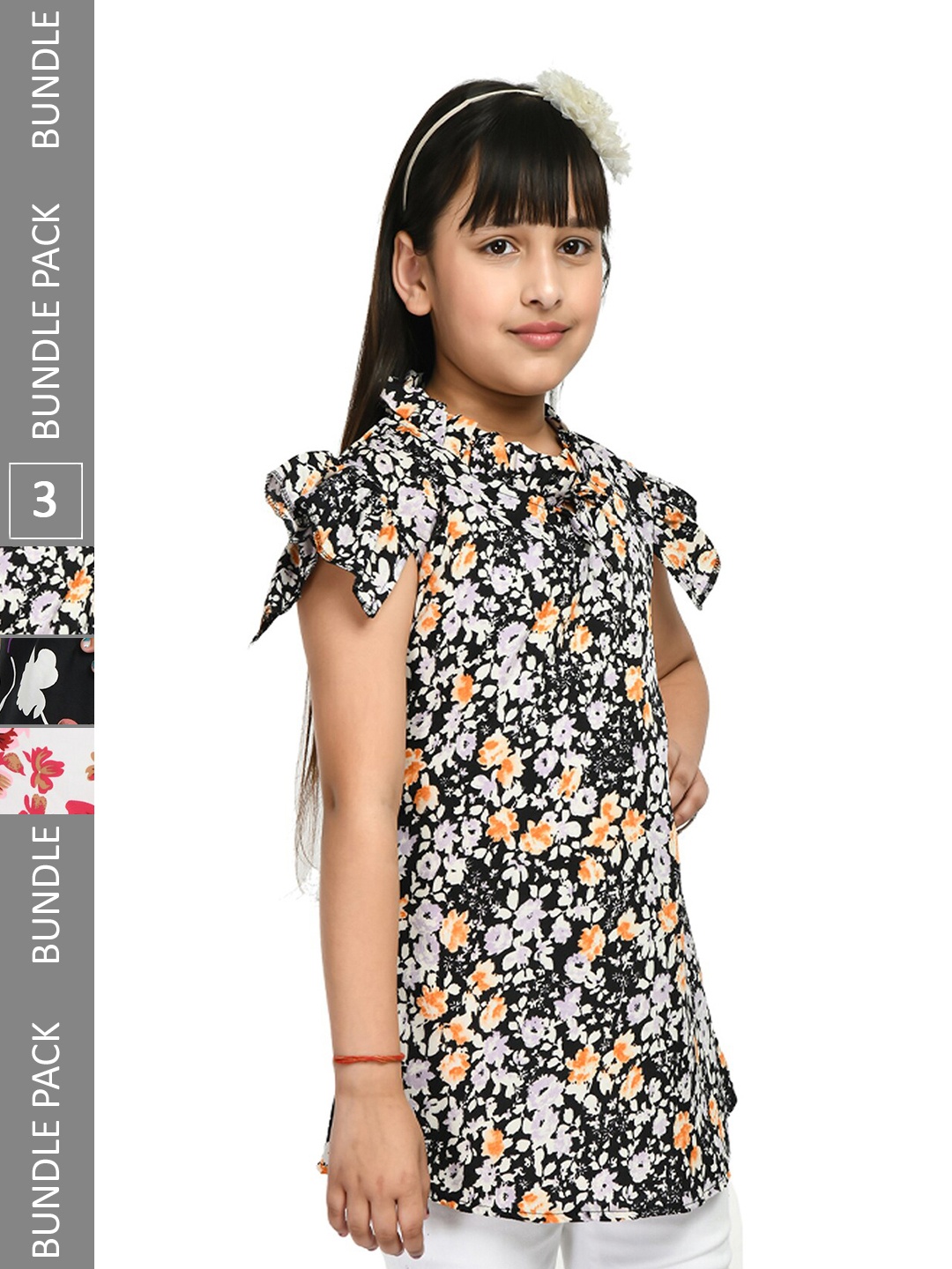 IndiWeaves Girls Pack Of 3 Floral Printed Tie-Up Neck Cap Sleeves Ruffle Longline Top, Black
IndiWeaves Girls Pack Of 3 Floral Printed Tie-Up Neck Cap Sleeves Ruffle Longline Top, Black