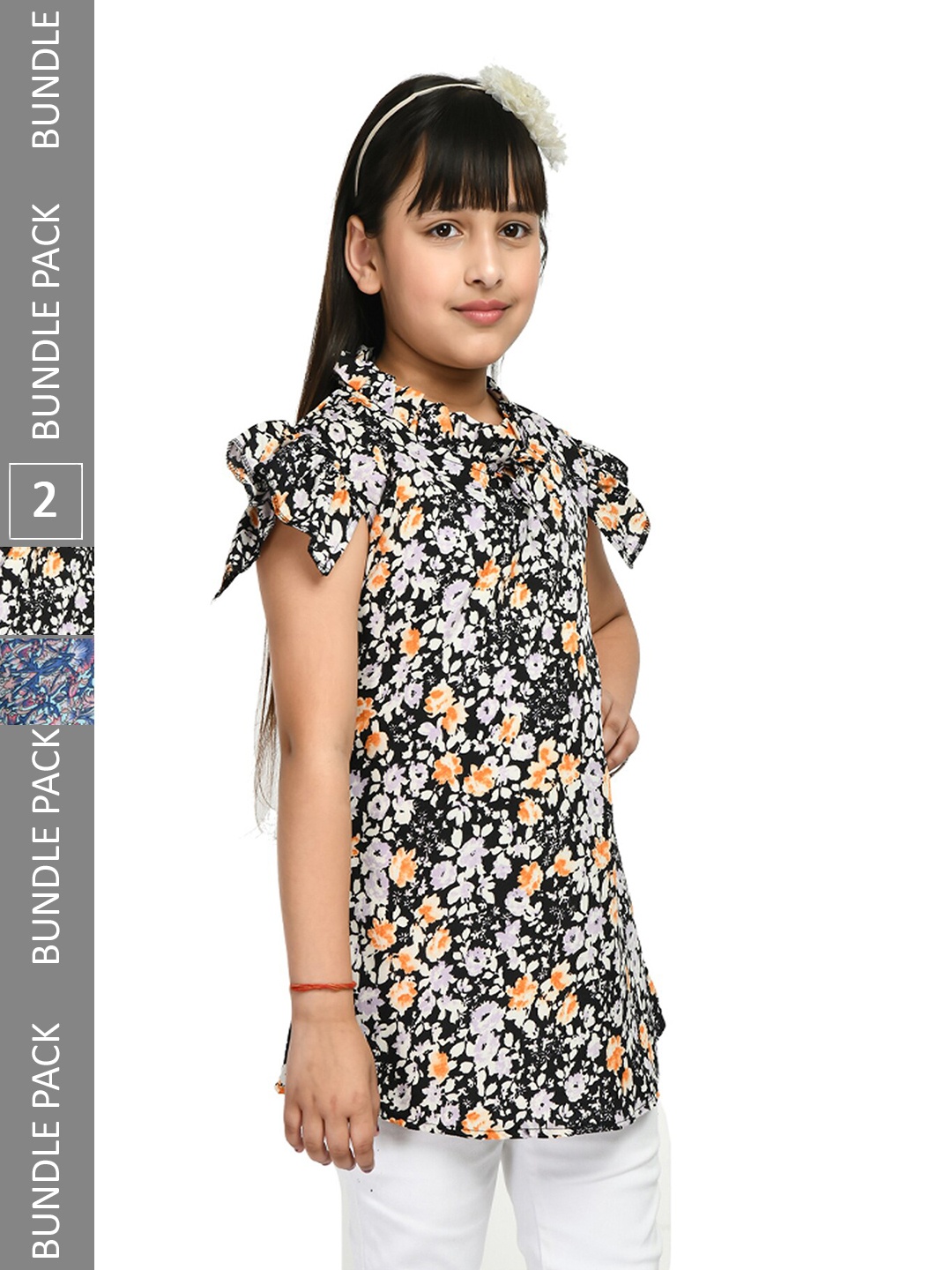 IndiWeaves Girls Pack Of 2 Floral Printed Tie-Up Neck Cap Sleeves Ruffle Longline Top, Black
IndiWeaves Girls Pack Of 2 Floral Printed Tie-Up Neck Cap Sleeves Ruffle Longline Top, Black