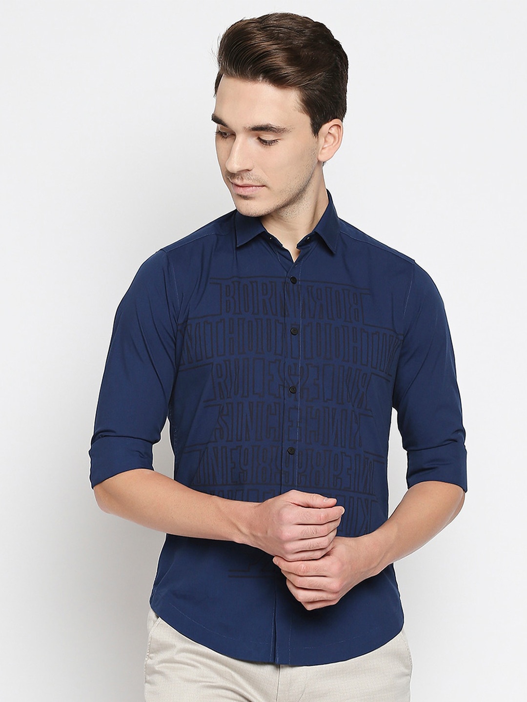 Killer Spread Collar Slim Fit Typography Printed Casual Cotton Linen Shirt, Navy blue
Killer Spread Collar Slim Fit Typography Printed Casual Cotton Linen Shirt, Navy blue