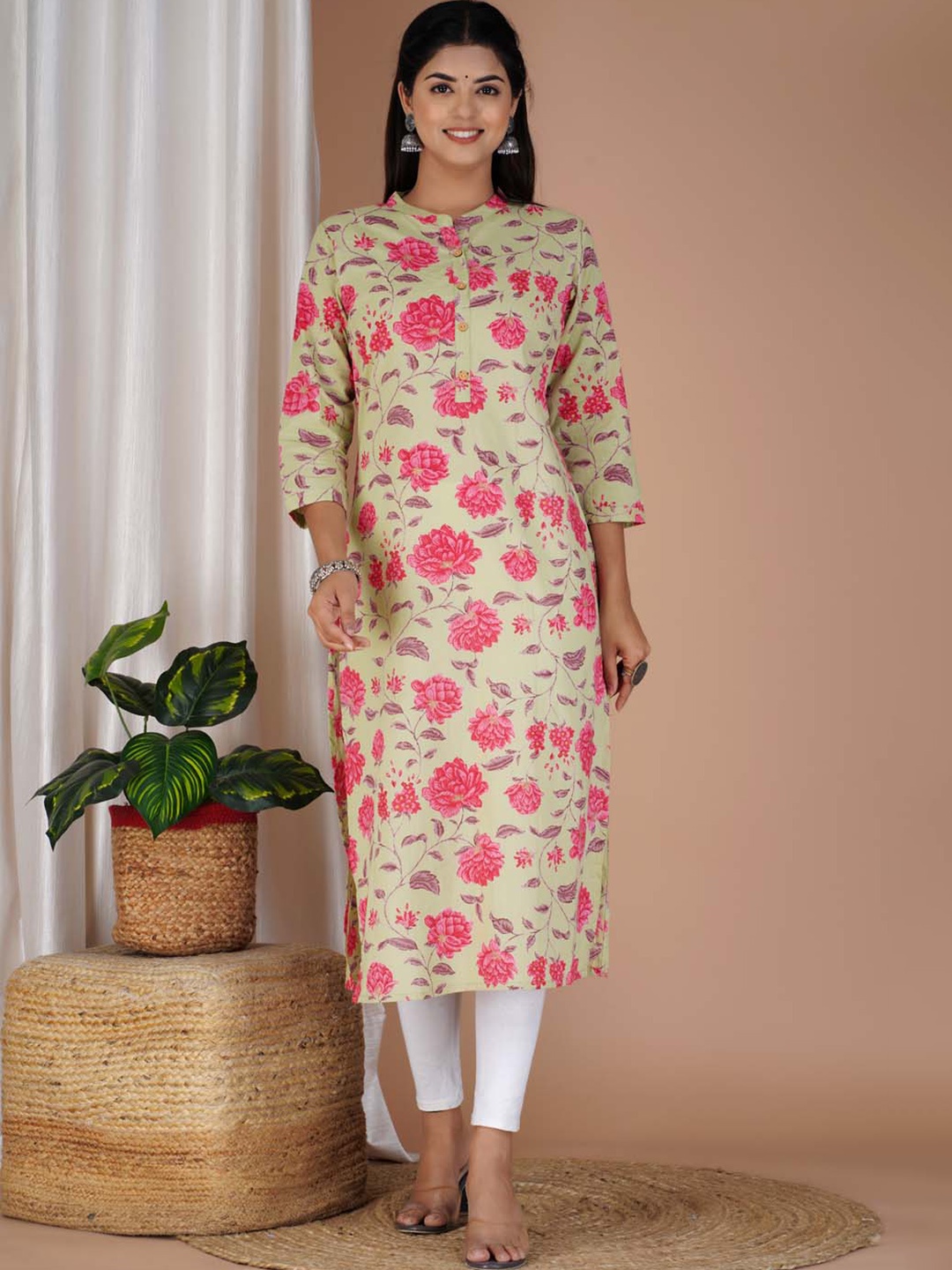 Meena Bazaar Floral Printed Cotton Kurta, Pink