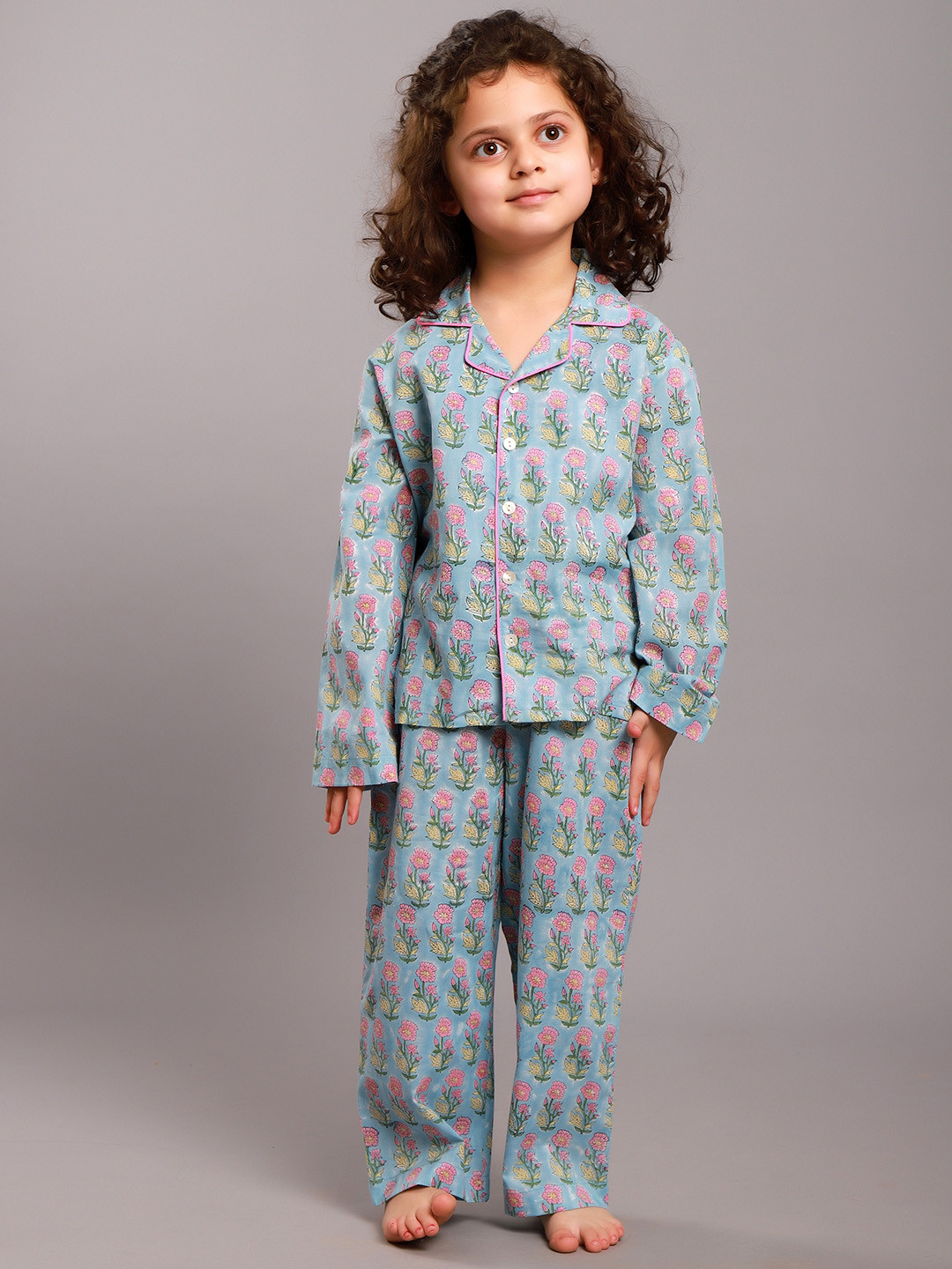 My Little Lambs Kids Floral Printed Pure Cotton Night suit, Blue 
My Little Lambs Kids Floral Printed Pure Cotton Night suit, Blue