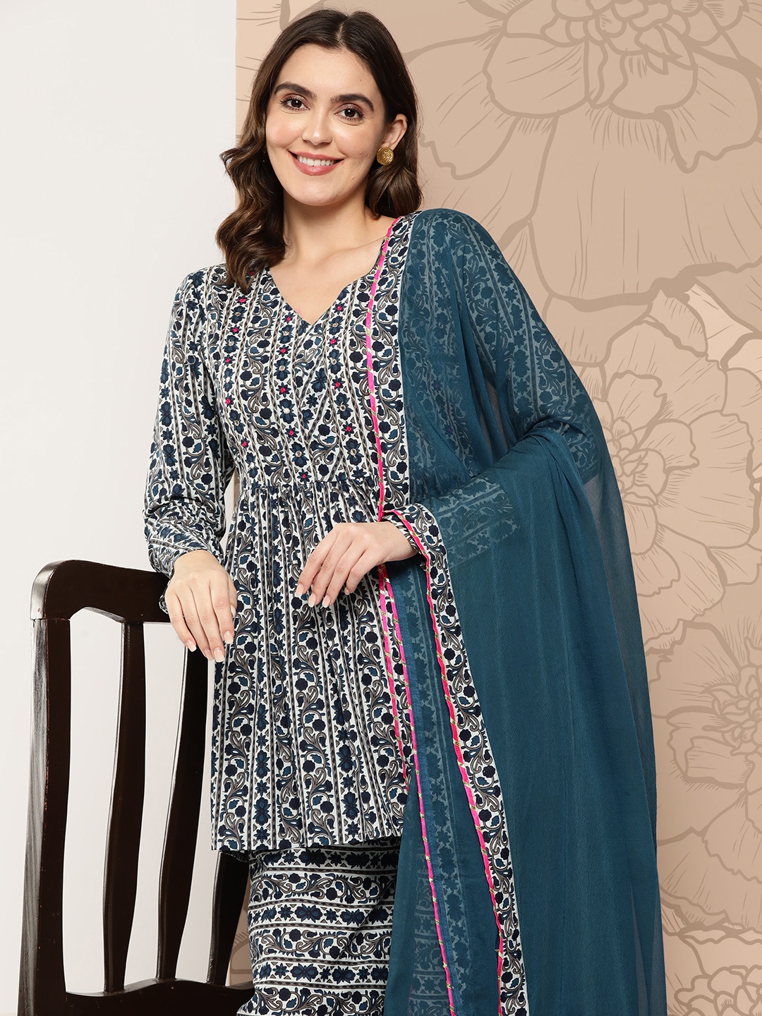 KALINI Women Floral Printed Empire Pure Cotton Kurti with Palazzos & With Dupatta, Blue
KALINI Women Floral Printed Empire Pure Cotton Kurti with Palazzos & With Dupatta, Blue