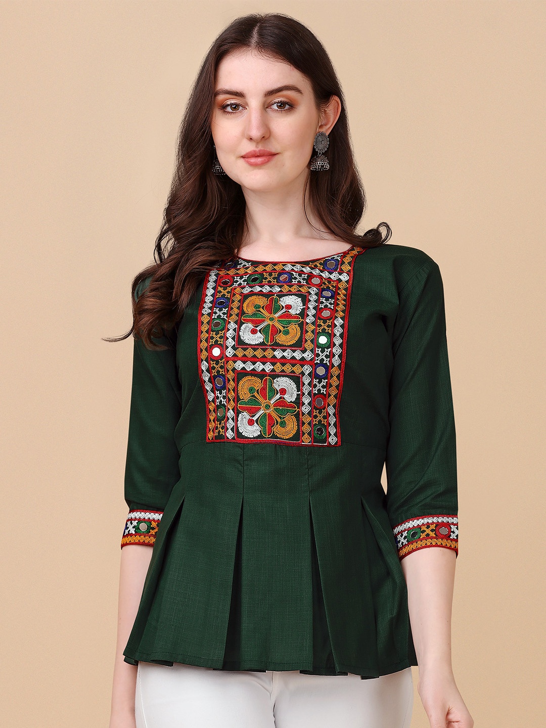 Paralians Ethnic Motif Embroidered Peplum Top, Green