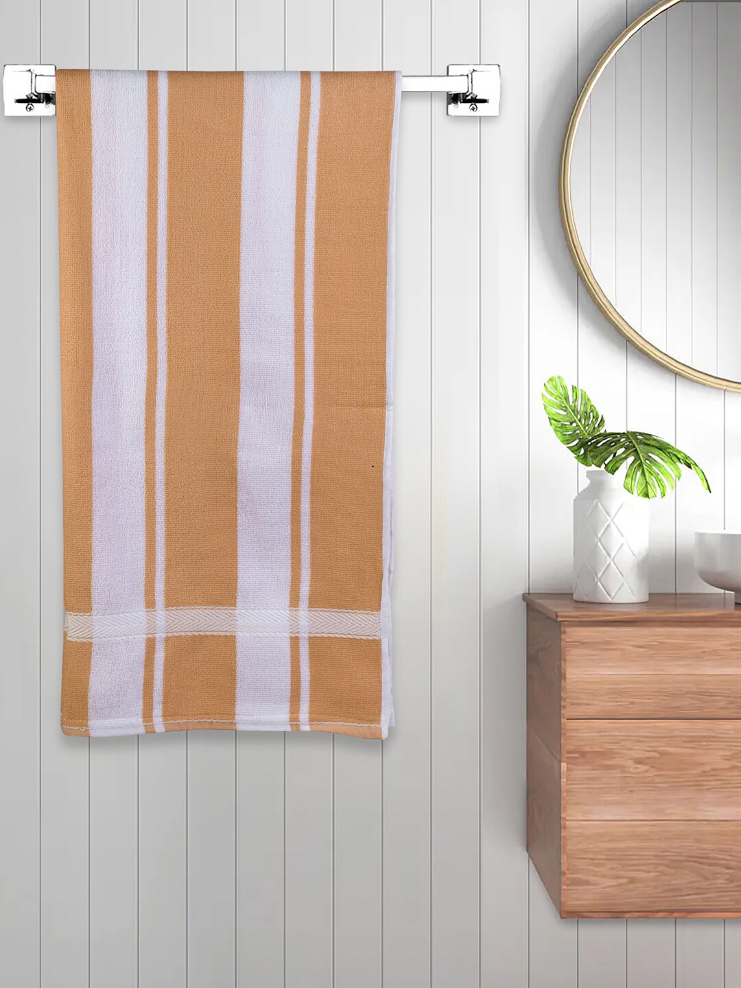 FABINALIV Mustard & White Striped 450 GSM Cotton Bath Towel