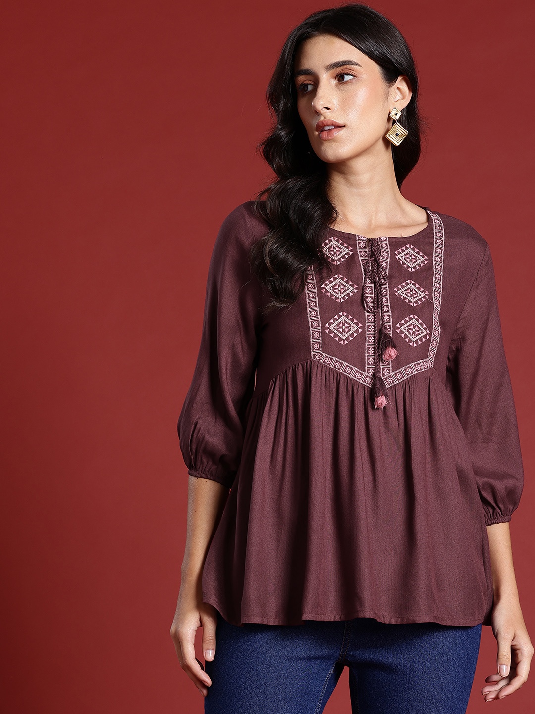 all about you Ethnic Motifs Embroidered Yoke Tie-Up Neck Puff Sleeves A-Line Top, Burgundy
all about you Ethnic Motifs Embroidered Yoke Tie-Up Neck Puff Sleeves A-Line Top, Burgundy