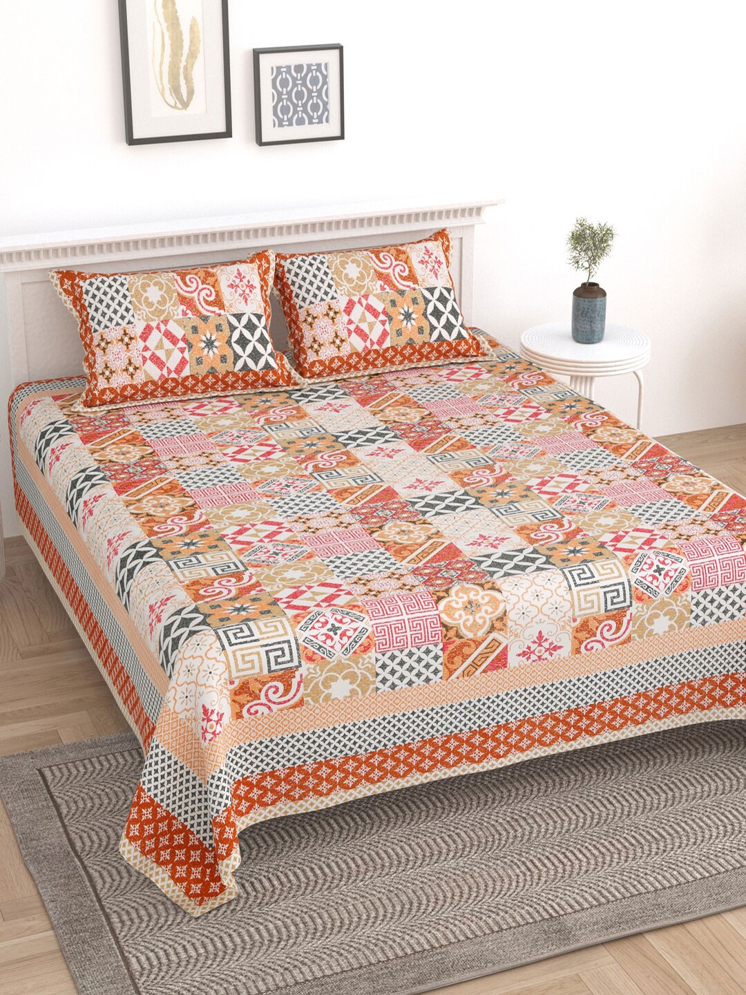 Sangria Orange & White Geometric Printed 210TC Cotton King Bedsheet With 2 Pillow Covers
Sangria Orange & White Geometric Printed 210TC Cotton King Bedsheet With 2 Pillow Covers