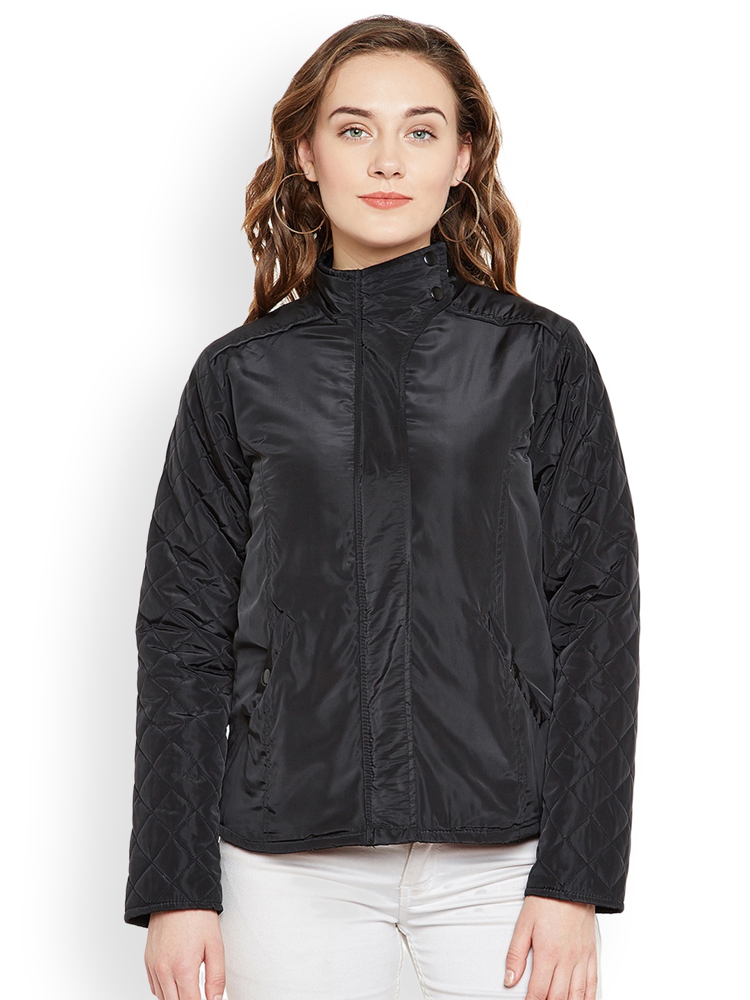 Zastraa Women Black Solid Bomber Jacket