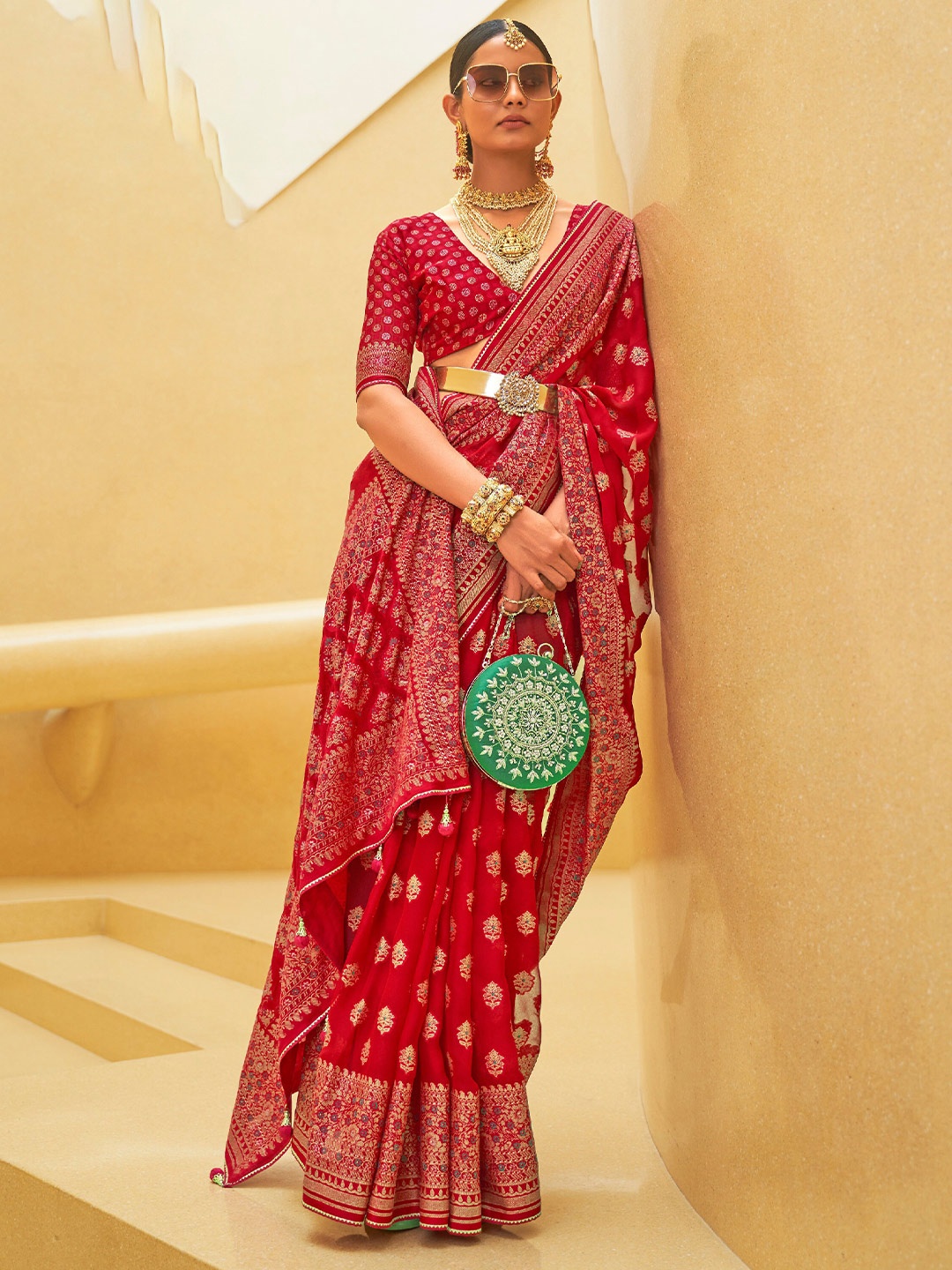elora Floral Woven Design Zari Pure Silk Bhagalpuri Saree, Red
