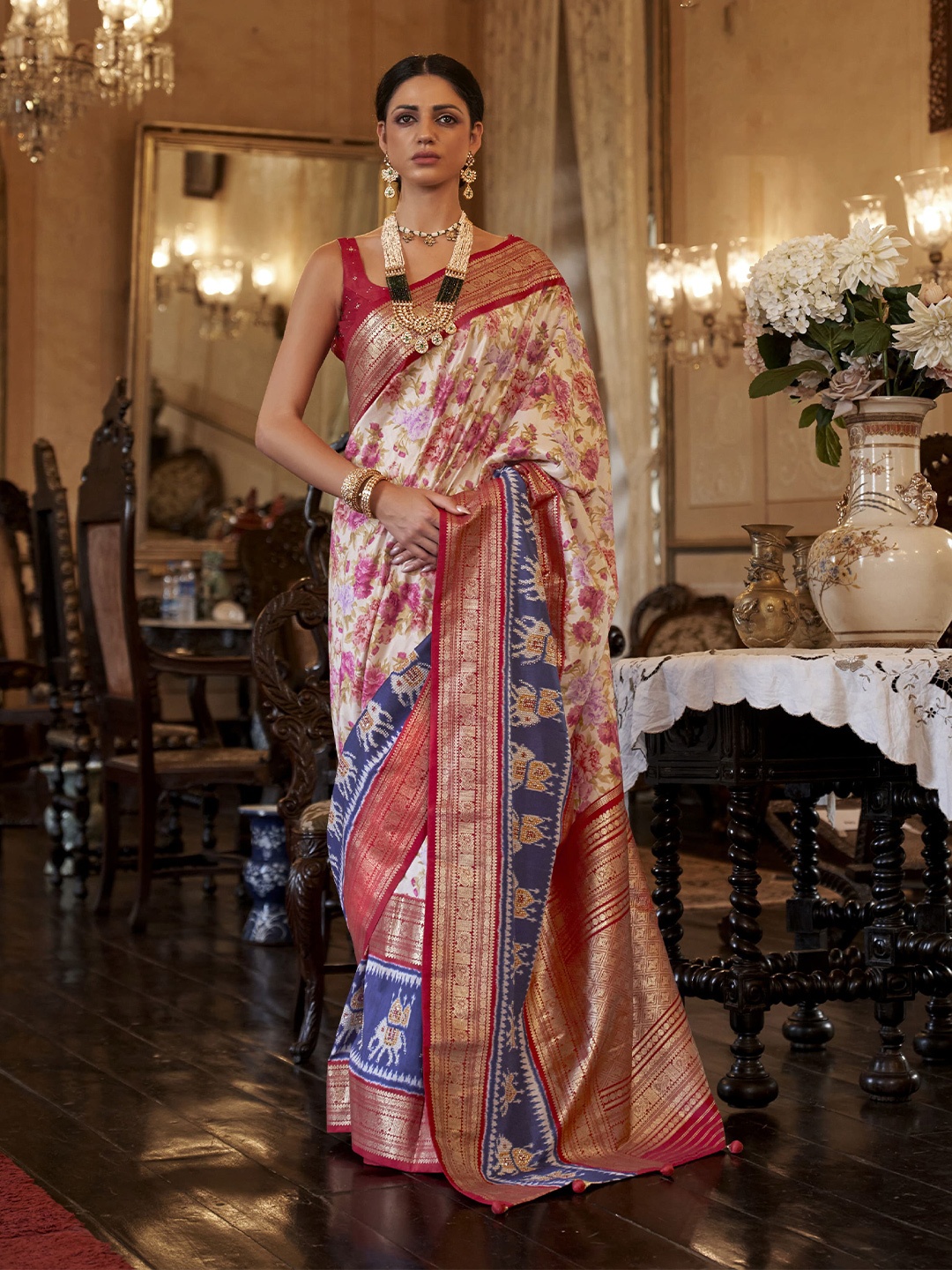 elora Floral Printed Zari Pure Silk Patola Saree, Cream