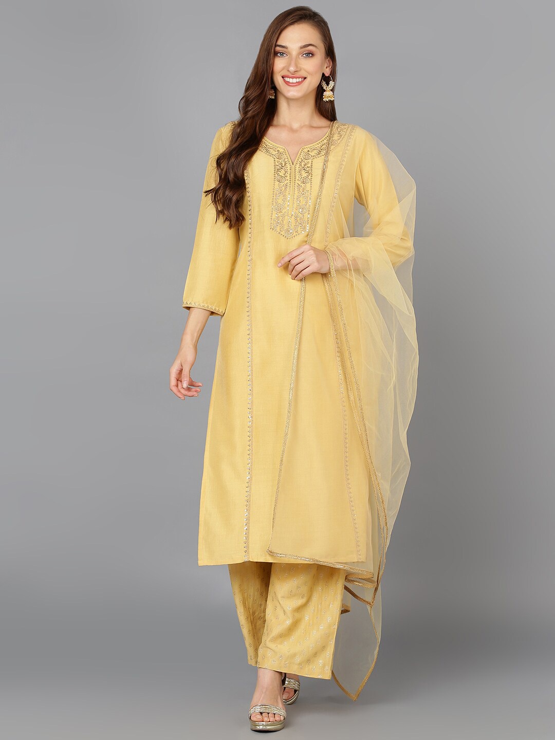 AHIKA Yellow & Gold-Toned Ethnic Motifs Embroidered Sequined Kurta With Trouser & Dupatta
AHIKA Yellow & Gold-Toned Ethnic Motifs Embroidered Sequined Kurta With Trouser & Dupatta