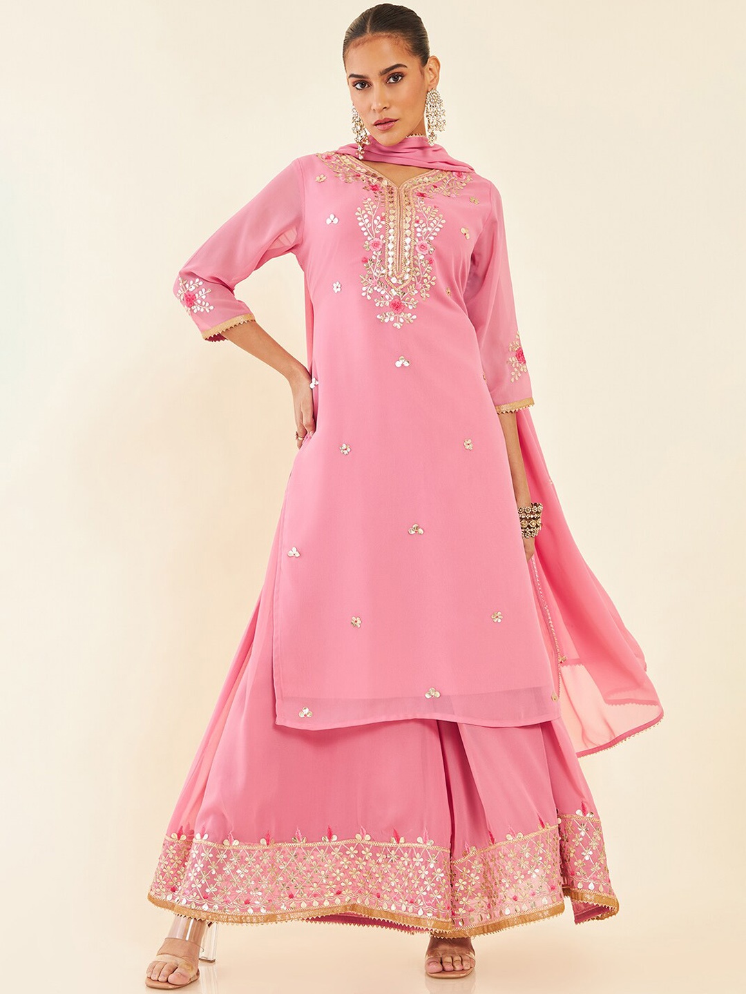 Soch Pink Floral Embroidered Reglar Gotta Patti Kurta with Palazzos & Dupatta