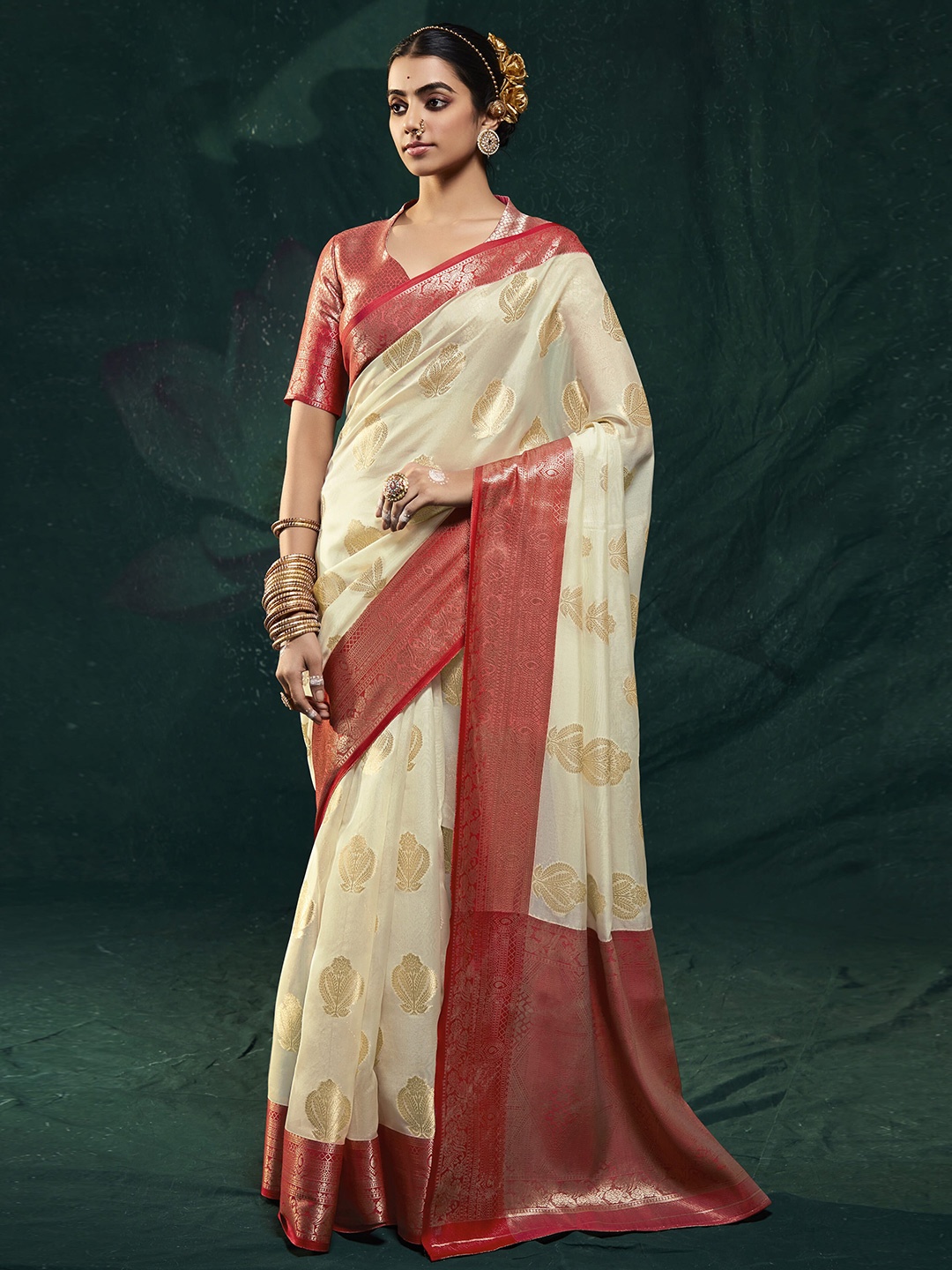 elora Woven Design Zari Organza Saree, Beige