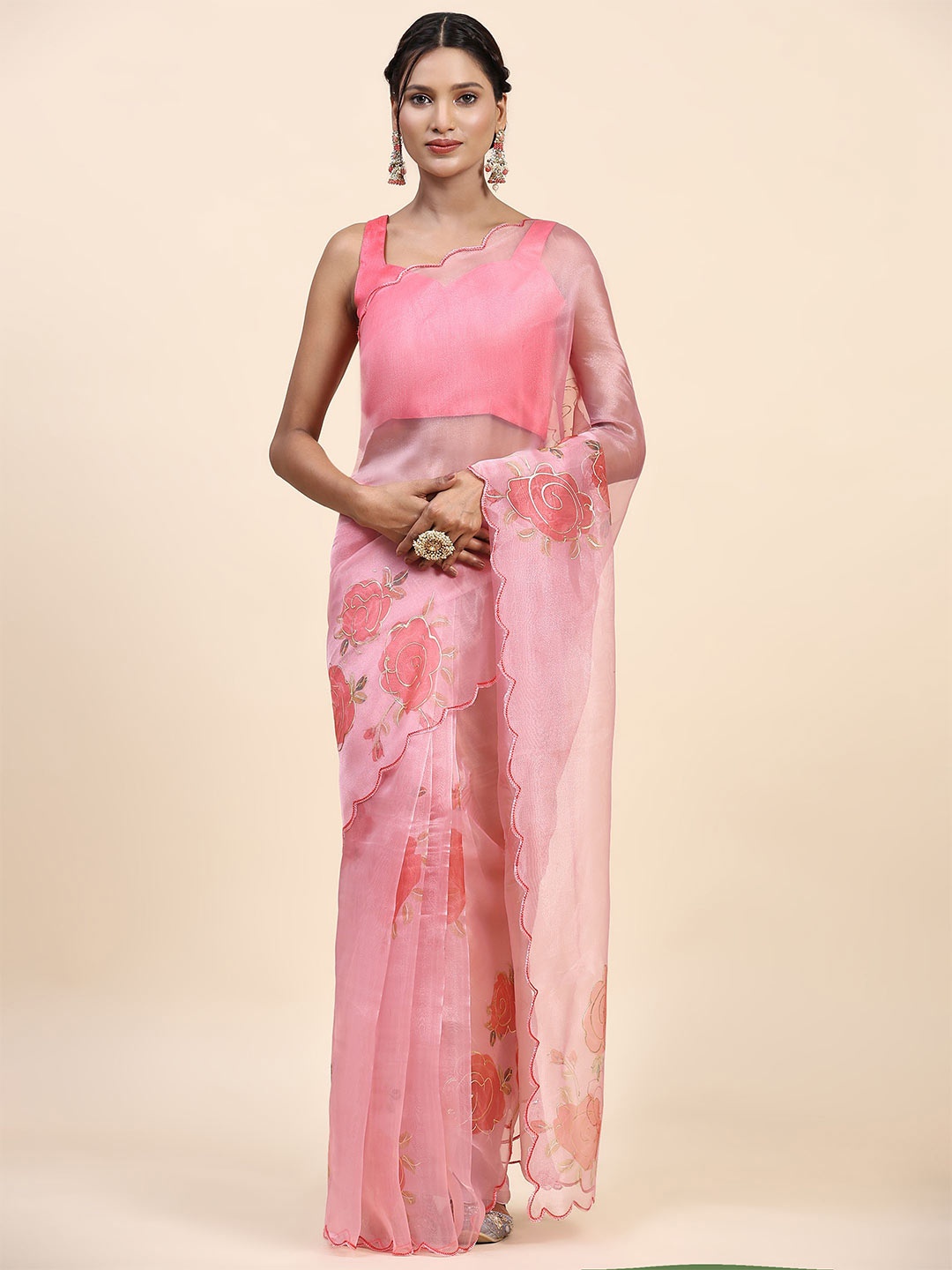 Vastrasky Global Floral Printed Organza Saree, Pink